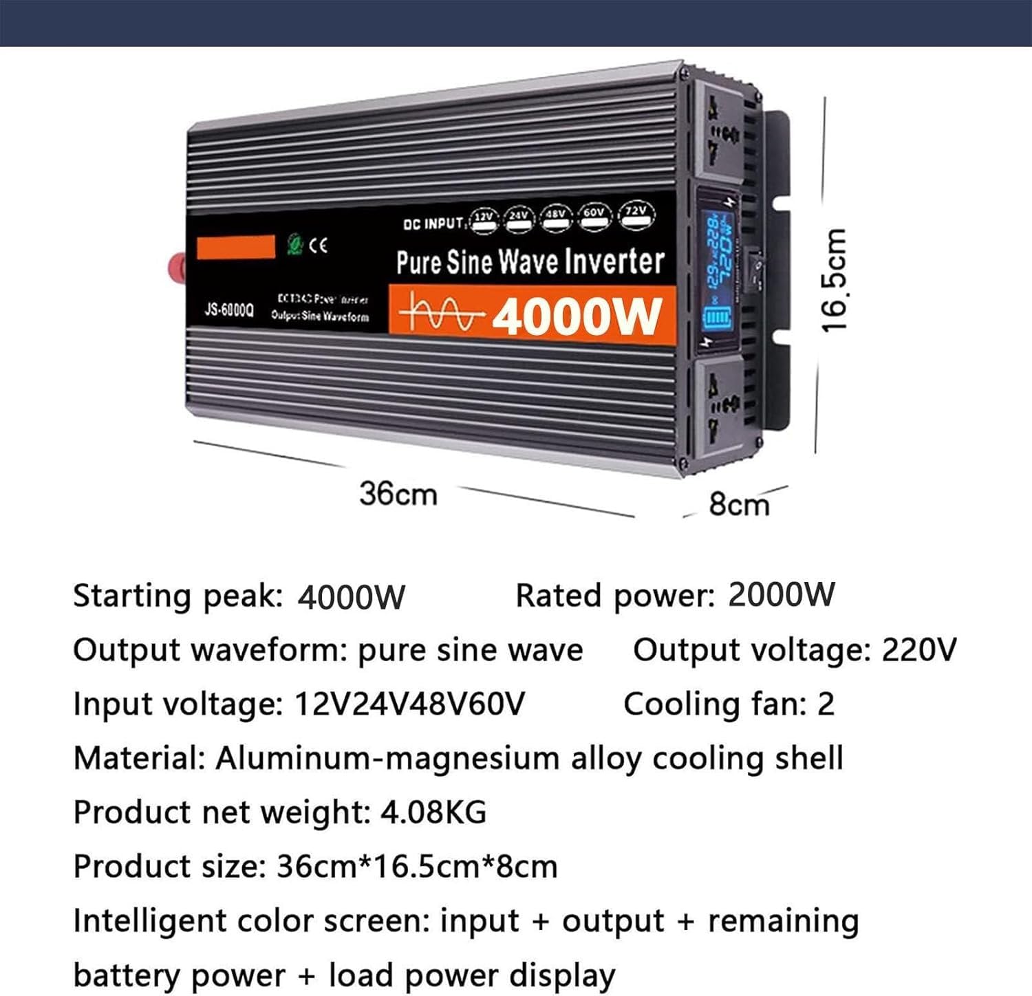 Inverter A Onda Sinusoidale Pura da 3000W 4000W 5000W 6000W per Auto da CC 12V 24V 48V 60V 72 V A CA 110V 120V/220V - 240V, Adatto per Abitazioni, Auto E Camper(4000W,72V to 220V)