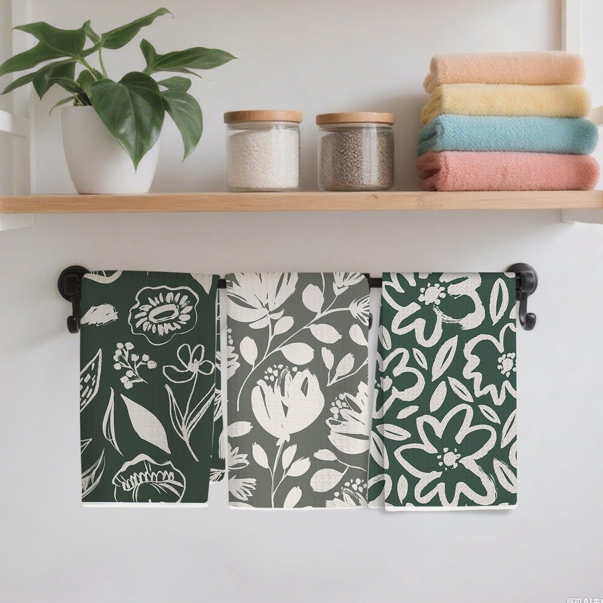 3 Pcs Abstract Green Floral Kitchen Towels, Rustic Retro Decorative Absorbent Microfiber Dish Cloth Tea Towel, Waffle Soft Hand Towels for Farmhouse Home Bathroom Kitchen , Housewarming Gifts - Image 4