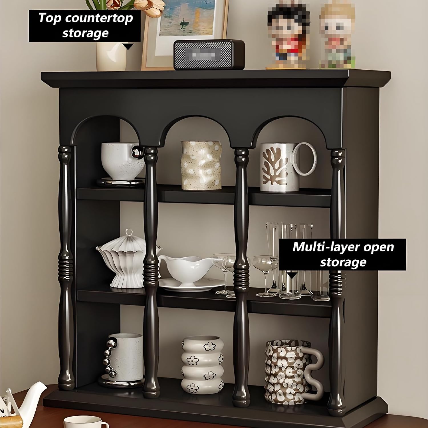 9/12/15/18 Grid Coffee Mug Display Rack, Wall Mount Floating Shelf, Vintage Wall-Mounted Curio Case, Countertop Solid Wood Cup Rack for Living Room or Kitchen (Black, 17.72 * 5.91 * 19.29in)