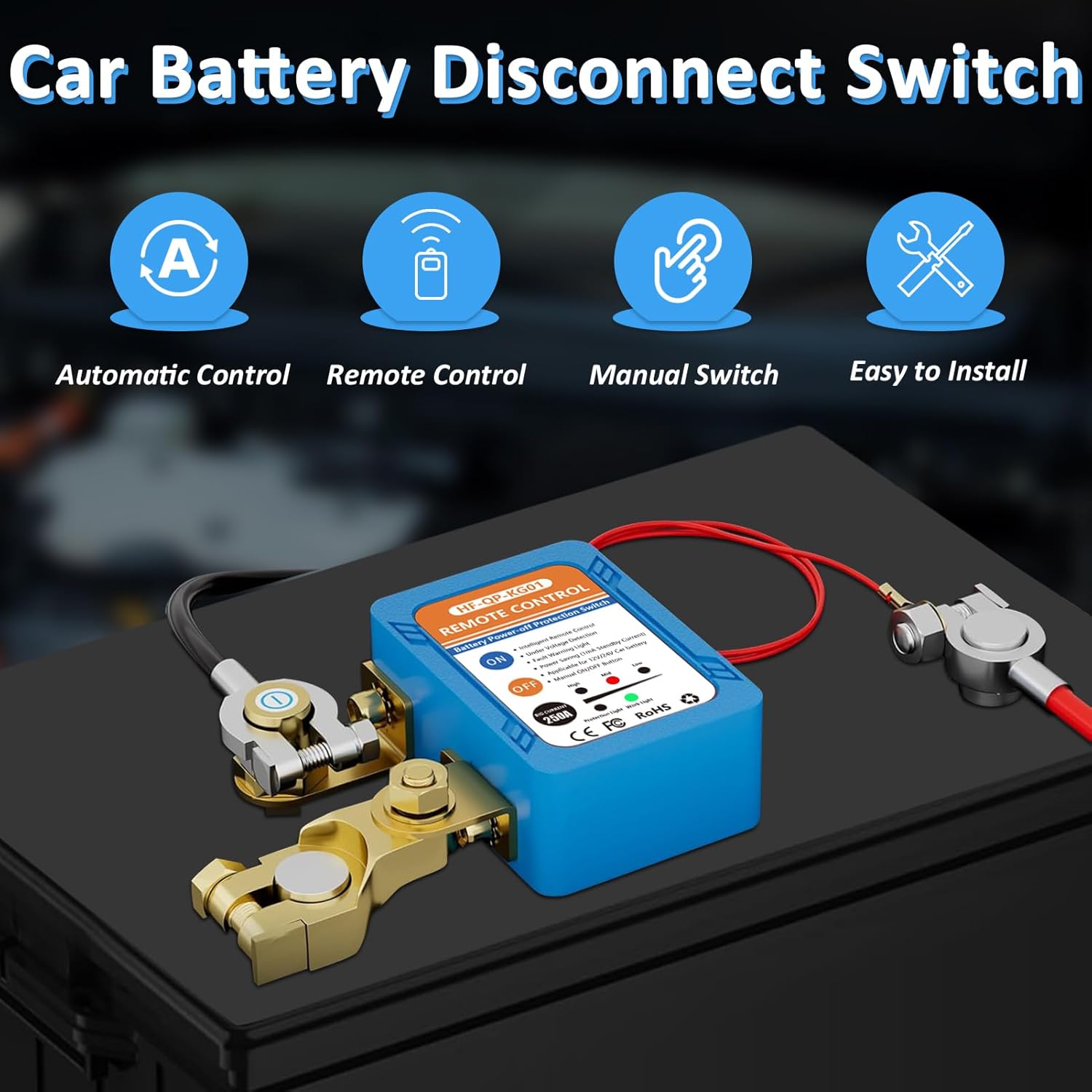 Kill Switch for Car, Remote Battery Disconnect Switch 12V, Car Anti Theft Kill Switch with Remote Control Fobs, Battery Cut Off Switch for Automobile, RV, ATV, Truck, Boat (Flat Installation)