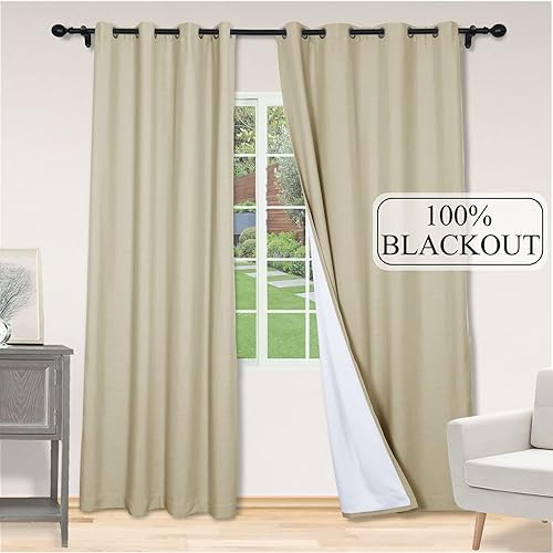 Miniatura 2 de Fcosie Cortinas de lino sólido con respaldo 100% opaco, cortinas opacas extra anchas, cortinas con aislamiento térmico para guardería, adolescentes,
