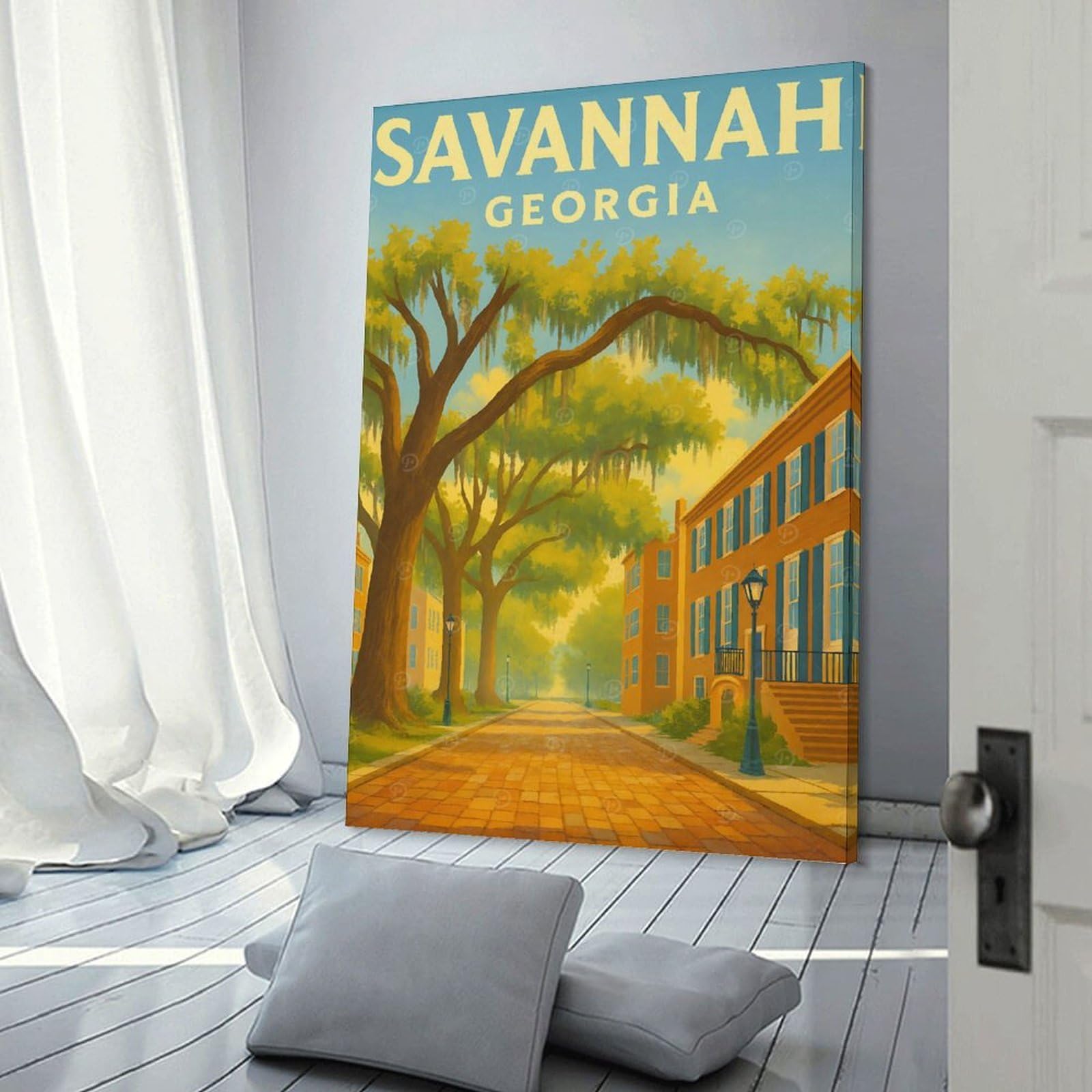 Junmoney Frame-Style-14 Decorative Wall Artwork Savannah Georgia — Bright Vintage Travel Poster Of Historic Streets, 24X36inch(60X90cm), For New Homes, Bedrooms Or Workspaces, Canvas Artwork With Gifting Potential