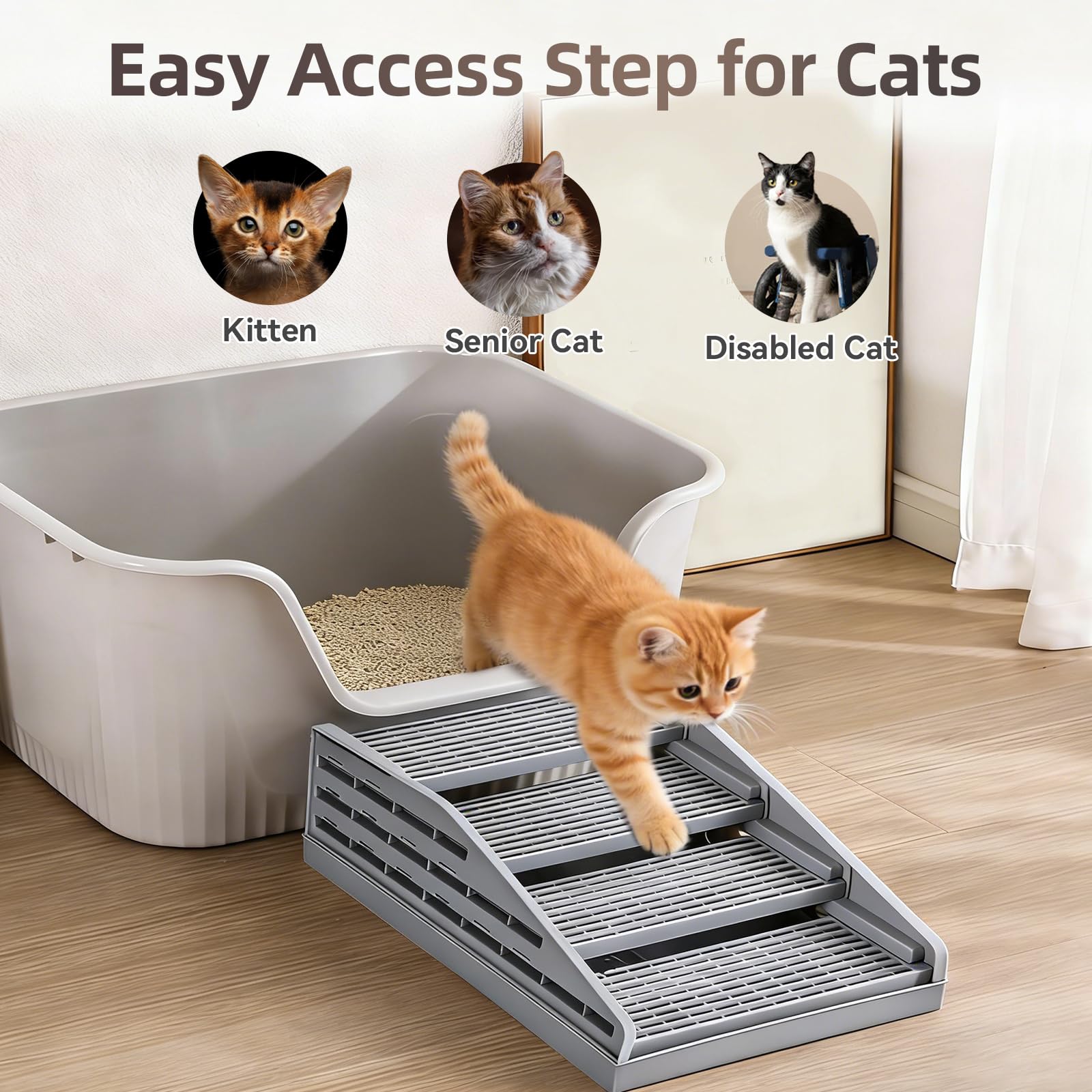 Condition photo showing New/Like New for adjustable litter box step, elevated cat ramp/stairs with filter function, anti-tracking, easy to clean, fits automatic litter boxes, for small & elderly cats, non-slip(grey)