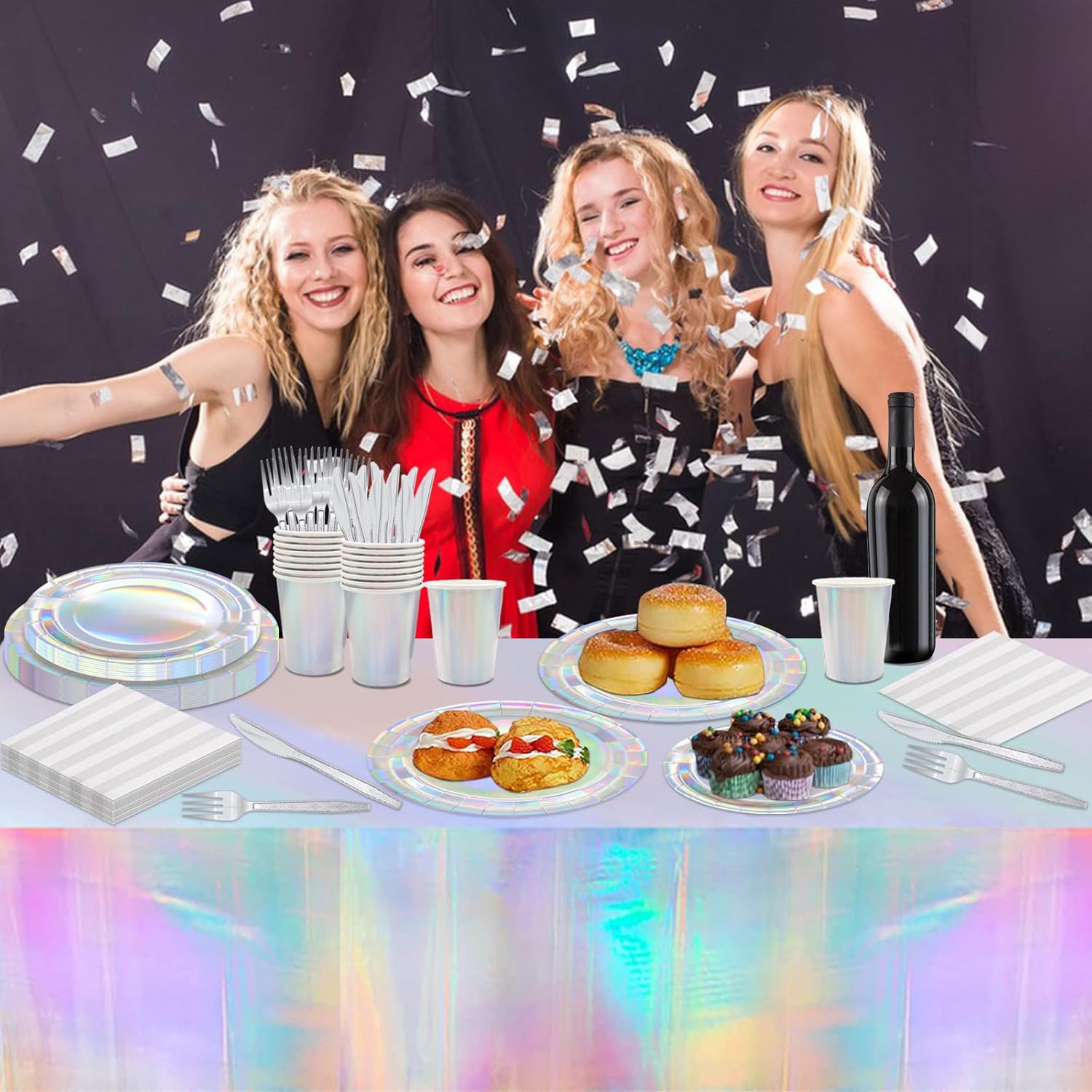 146pcs Iridescent Party Supplies Iridescent Party Tableware Sets Serve 24 Guests Includes Holographic Paper Plates Cups Napkins Forks for Baby Bridal shower Mermaid Birthday Party