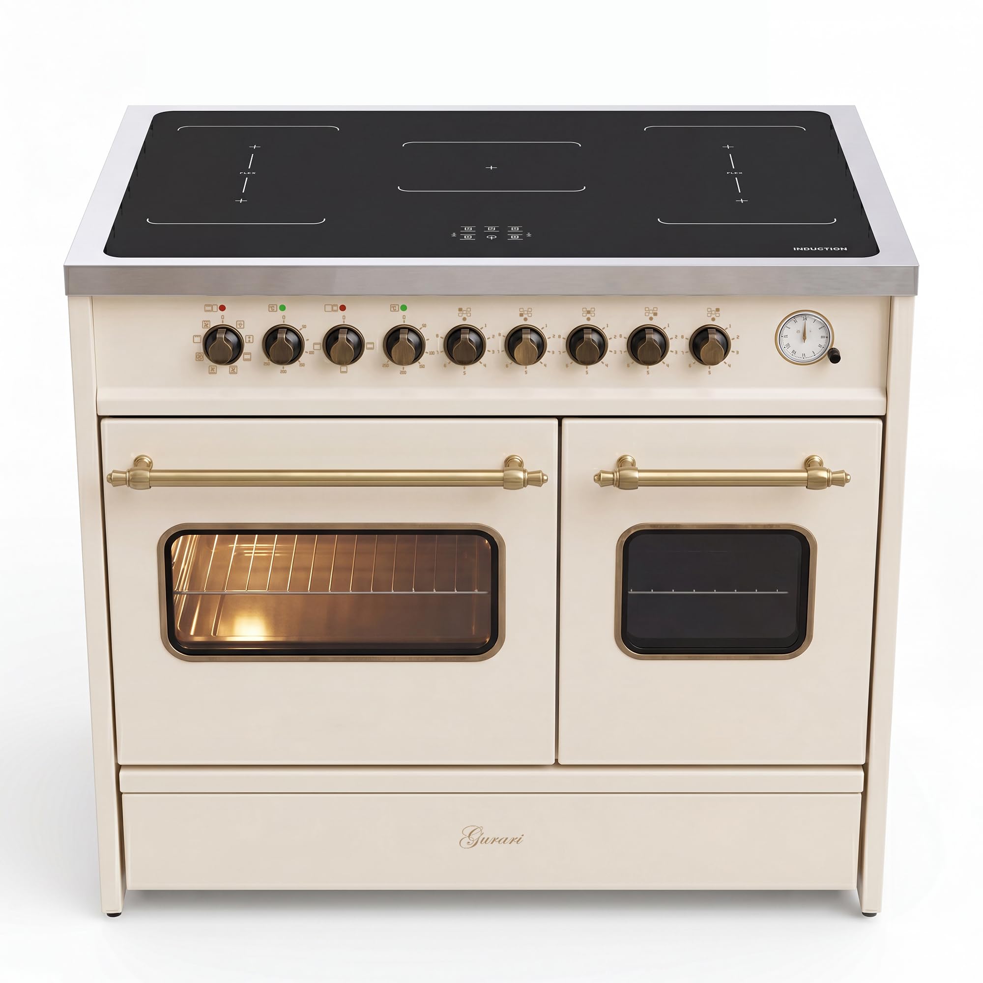 Gurari Induktions Standherd 90 cm GCH E 913 DF CR • Retro Range Cooker Creme • 2 Backöfen • 5 Induktionszonen mit 2 Flexzonen & Booster • Easy Clean Emaille • Premium Elektroherd