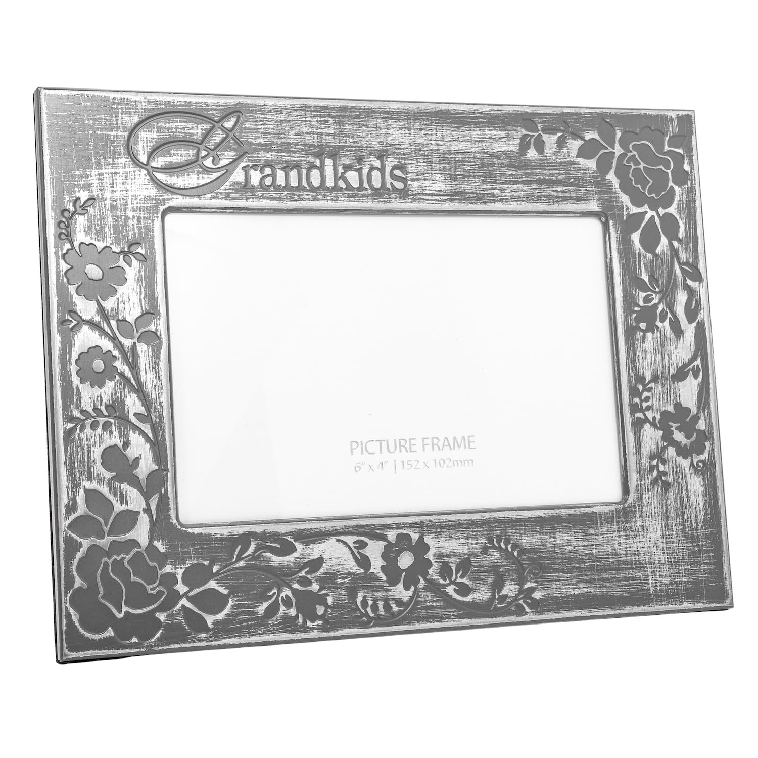 Happy Homewares Contemporary Galvanised Brushed Silver Grandkids Sentiment Picture Frame with Rose and Floral Decor - Image 2