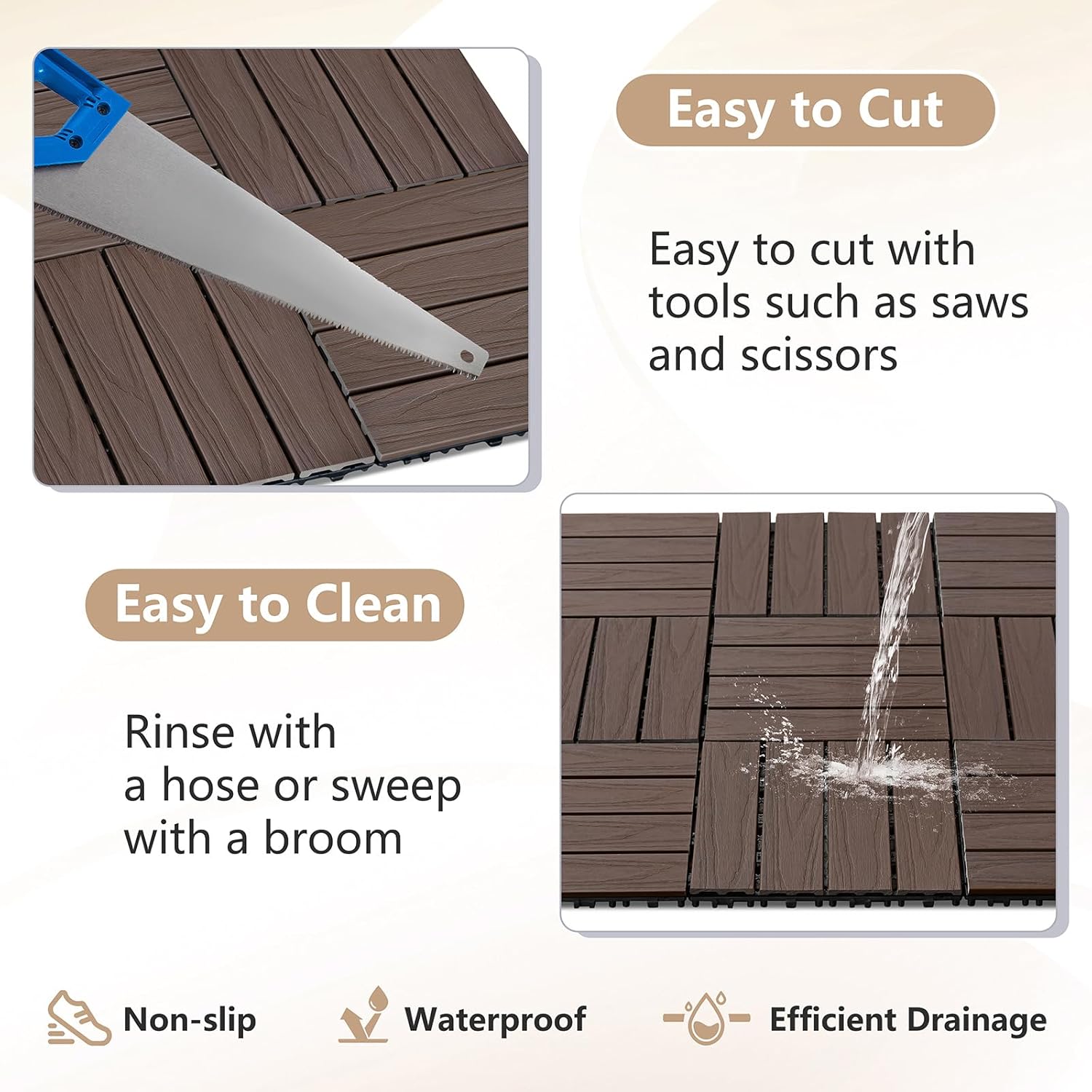 Skypatio Interlocking Deck Tiles 9 PCS, 12" x 12" All-Weather Plastic-Wood Outdoor Patio Flooring Tiles for Indoor, Balcony, Porch, Backyard, Poolside & Garden (Dark Brown)