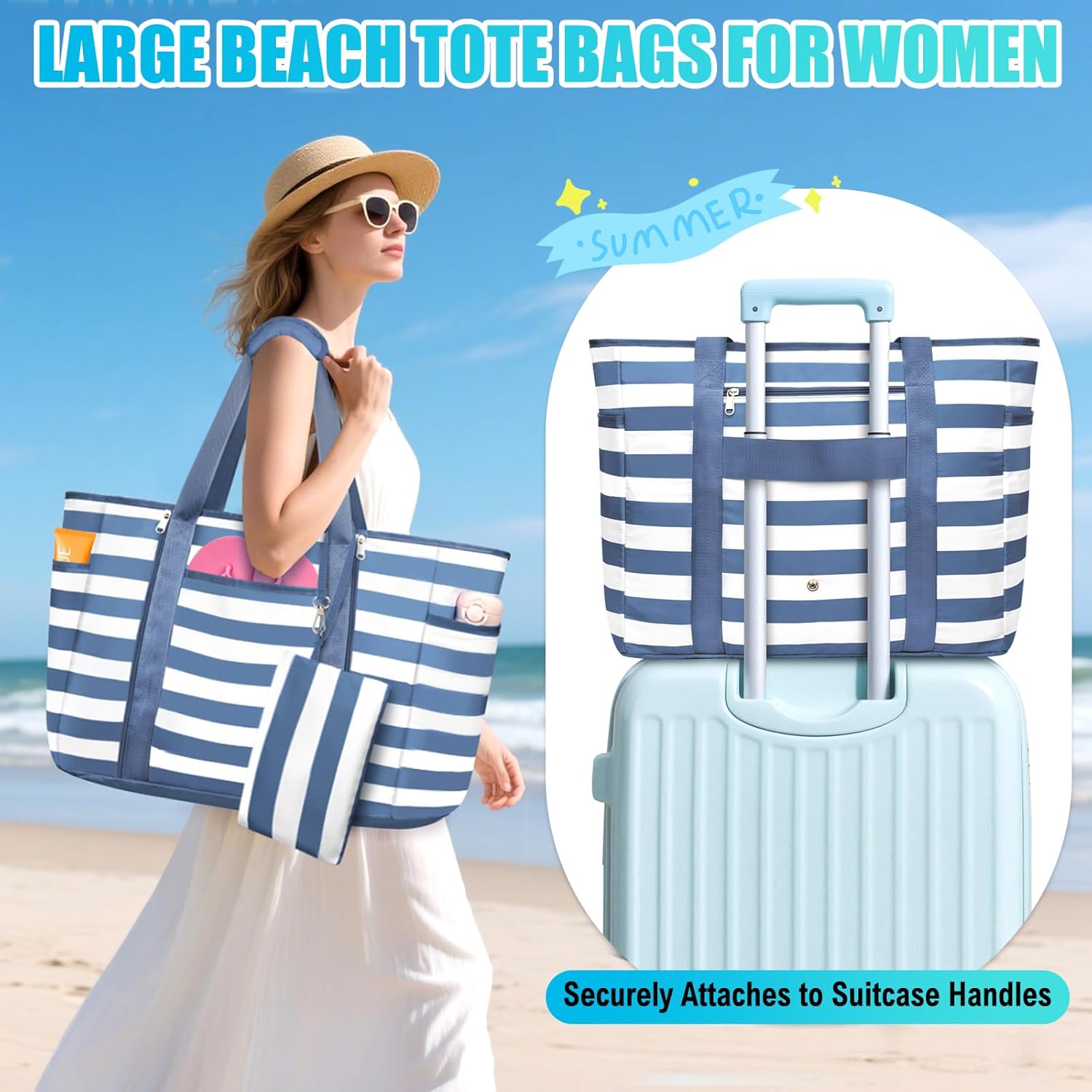 Extra Large Beach Bags for Women, Waterproof Sandproof Beach Tote Bag Foldable Swim Pool Bag with Zipper and Wet Pocket - Image 2