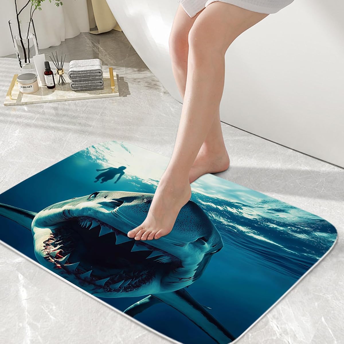 Funny Shark Beach - Bañeras náuticas subacuáticas para baño, alfombras de baño de terciopelo coral, antideslizantes, alfombra de ducha para el mar, alfombra de puerta, juegos de decoración de franela absorbente, alfombra de cocina, alfombra de suelo de 16.0 x 24.0 in, azul
