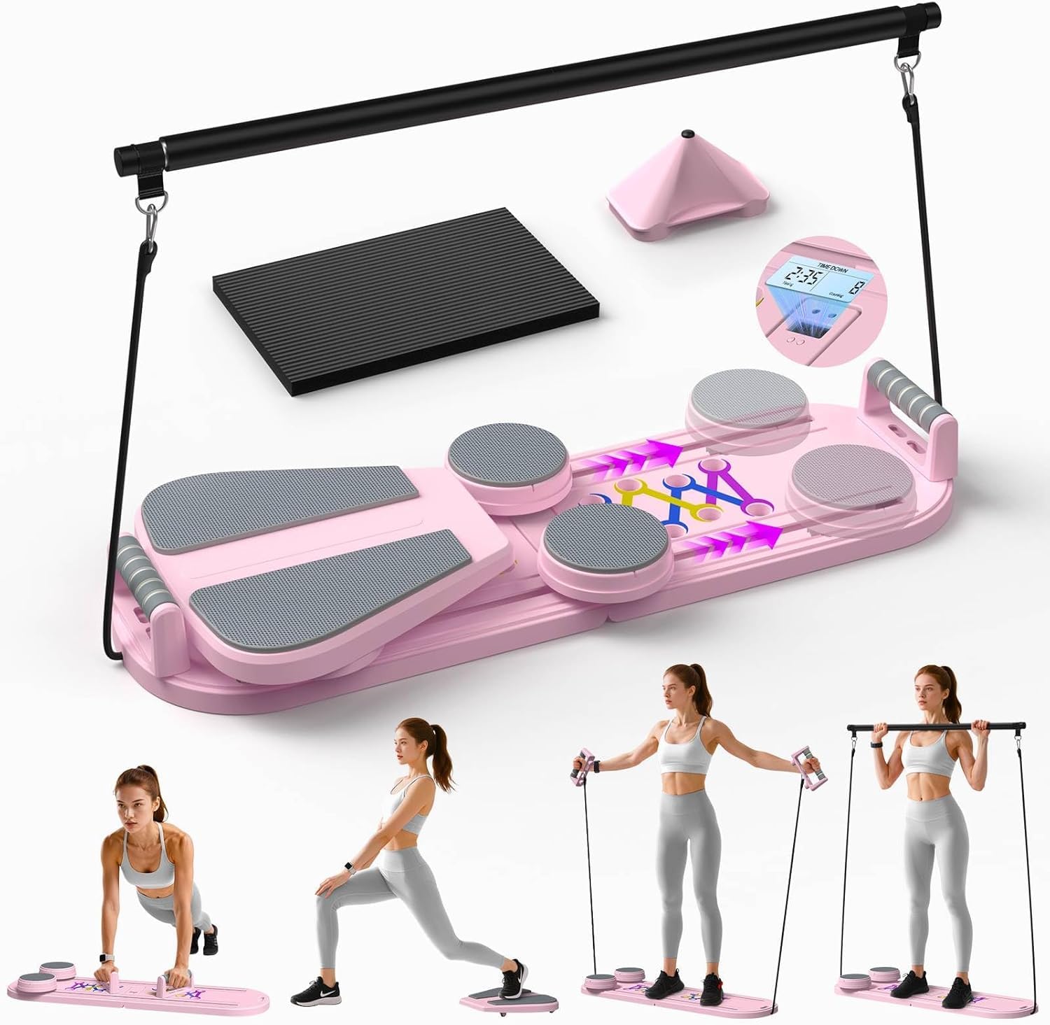 Pilates Board, 5 in 1 Foldable & Portable Reformer Pilates Machine, Pilates Reformer Set Home Core Workout Equipment, Multifunctional Abdominal Board Light Pink