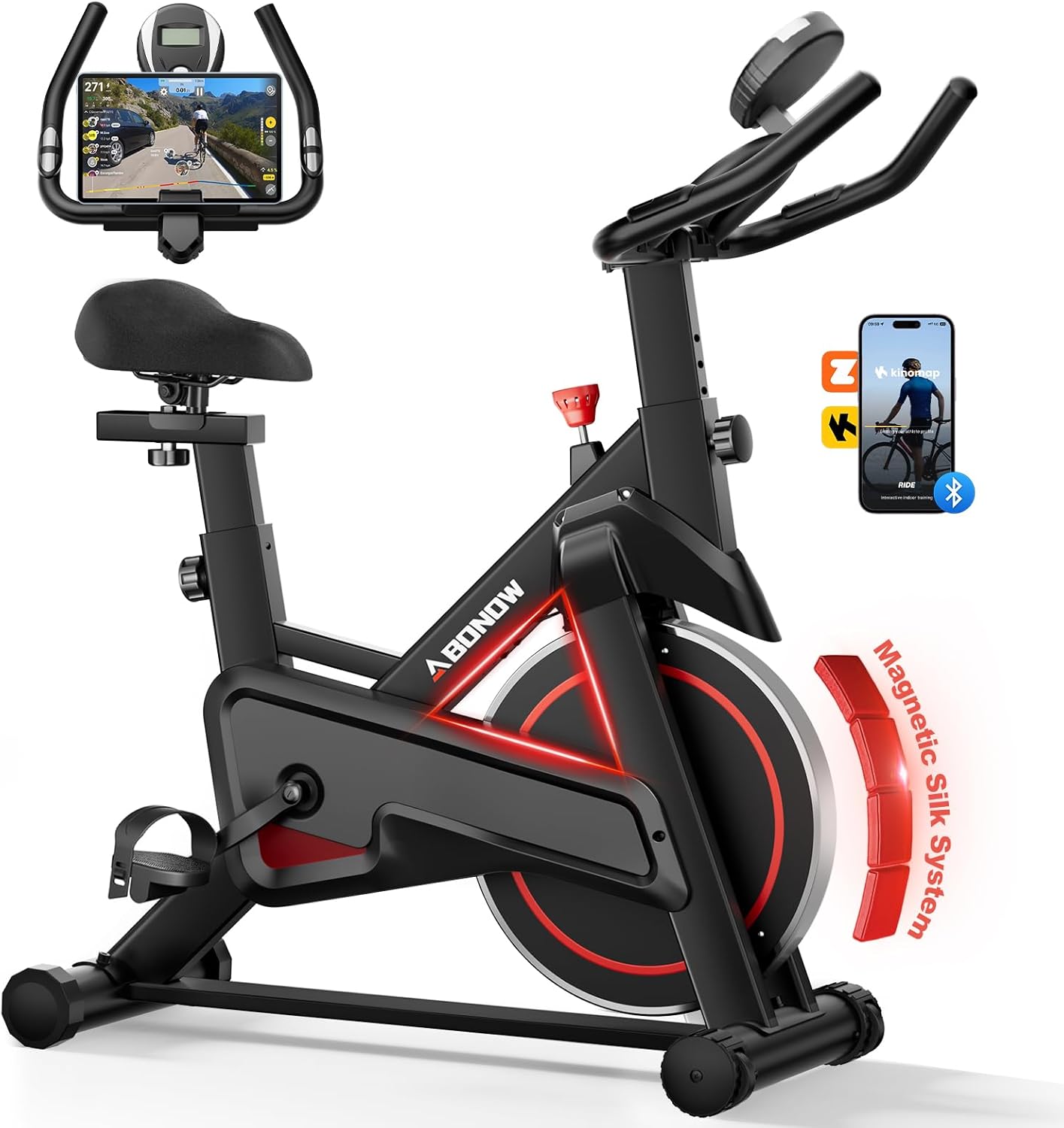 Exercise Bike, Adjustable Magnetic Resistance Stationary Bikes for Home with App Compatible, Indoor Cycling Bike with 300lbs Capacity Compact, Extra Comfort Seat & Tablet Mount Black - 35LBS Flywheel
