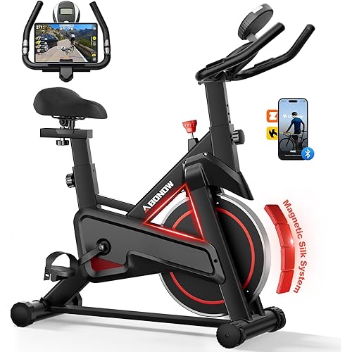 Exercise Bike, Adjustable Magnetic Resistance Stationary Bikes for Home with App Compatible, Indoor Cycling Bike with 300lbs Capacity Compact, Extra Comfort Seat & Tablet Mount