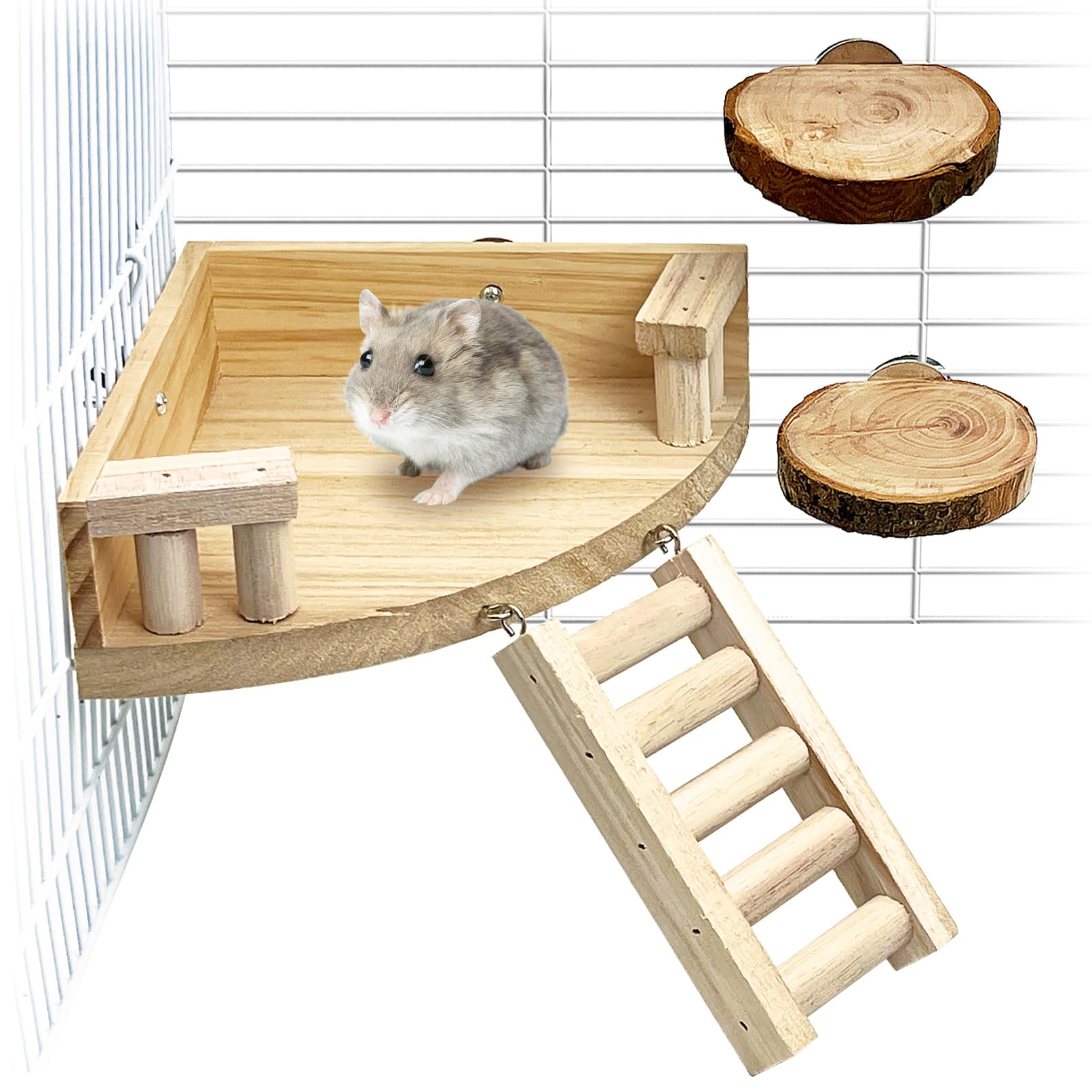 kathson 4pcs Hamster Platform with Ladder Natural Wooden Chinchilla Climbing Toy Rat Cage Ledge Sugar Glider Cage Accessories for Small Animals