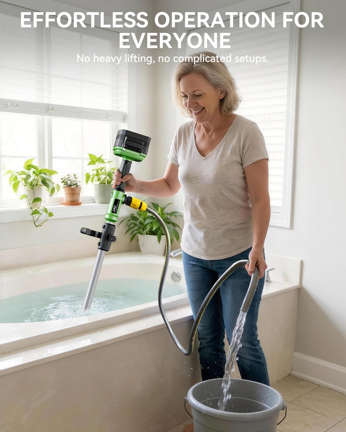 J-KU 21V Cordless Stick Water Transfer Pump - 720 GPH Portable Submersible Electric Sump Pump with 2 x 4.0Ah Batteries, 5-Ft Quick-Connect Hose for Pool Draining, Rain Barrel, Garden, Pond, RV