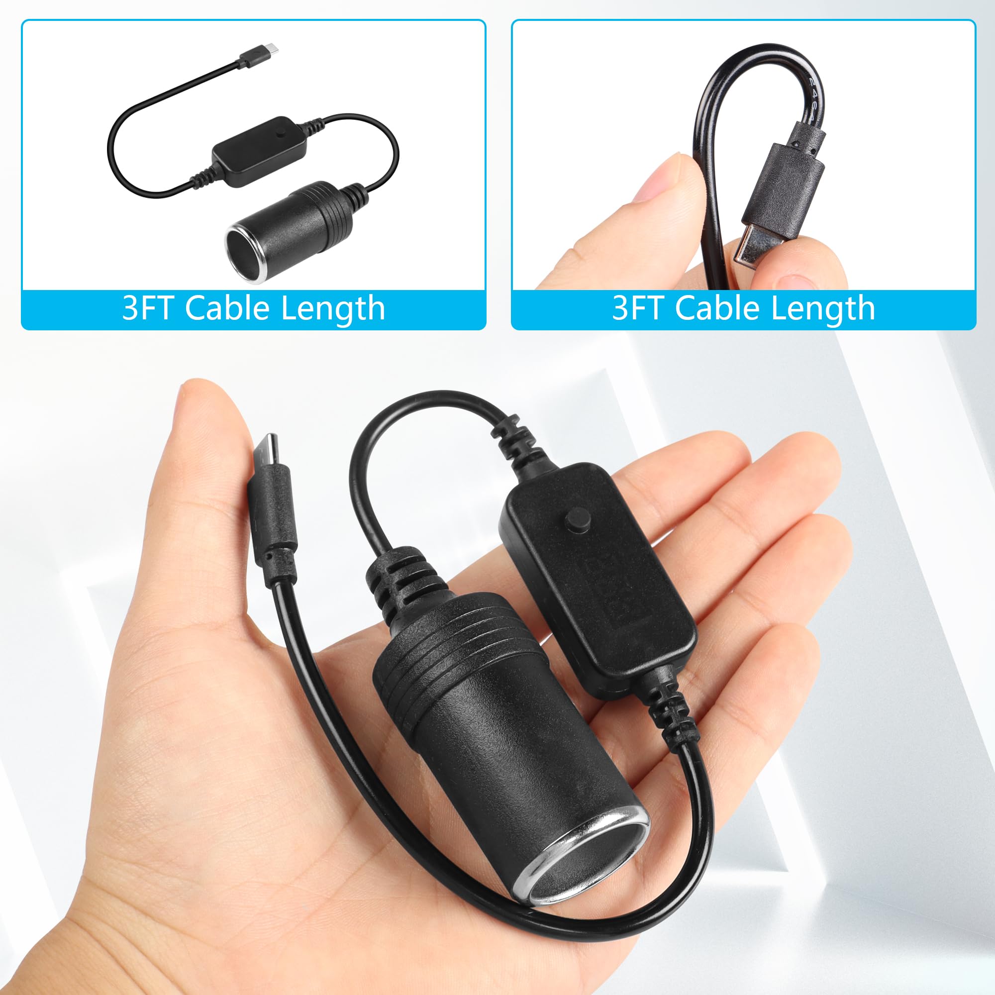 CERRXIAN Adapter USB C męski na zapalniczkę typu C na zapalniczkę do zapalniczki samochodowej wyjście regulowane napięcie 5V-9V-12V-15V-20V PD kabel do szybkiego ładowania maksymalna moc 60 W