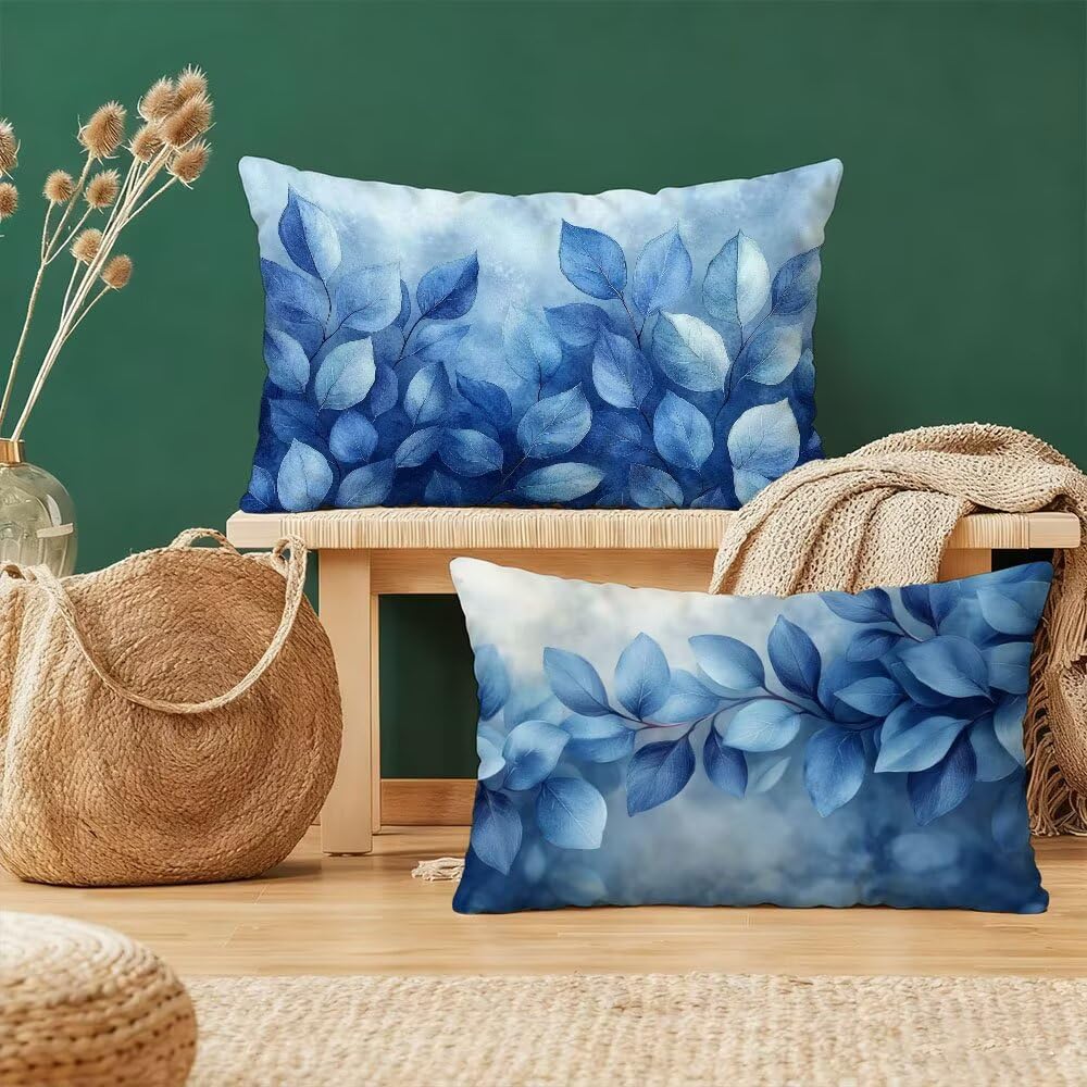 Poszewka na poduszkę 50 x 70 cm Poszewka na poduszkę Zestaw 2 niebieskich prostokątnych poduszek na sofę dwustronny liść dekoracyjna aksamitna poszewka na poduszkę z niewidocznym zamkiem błyskawicznym