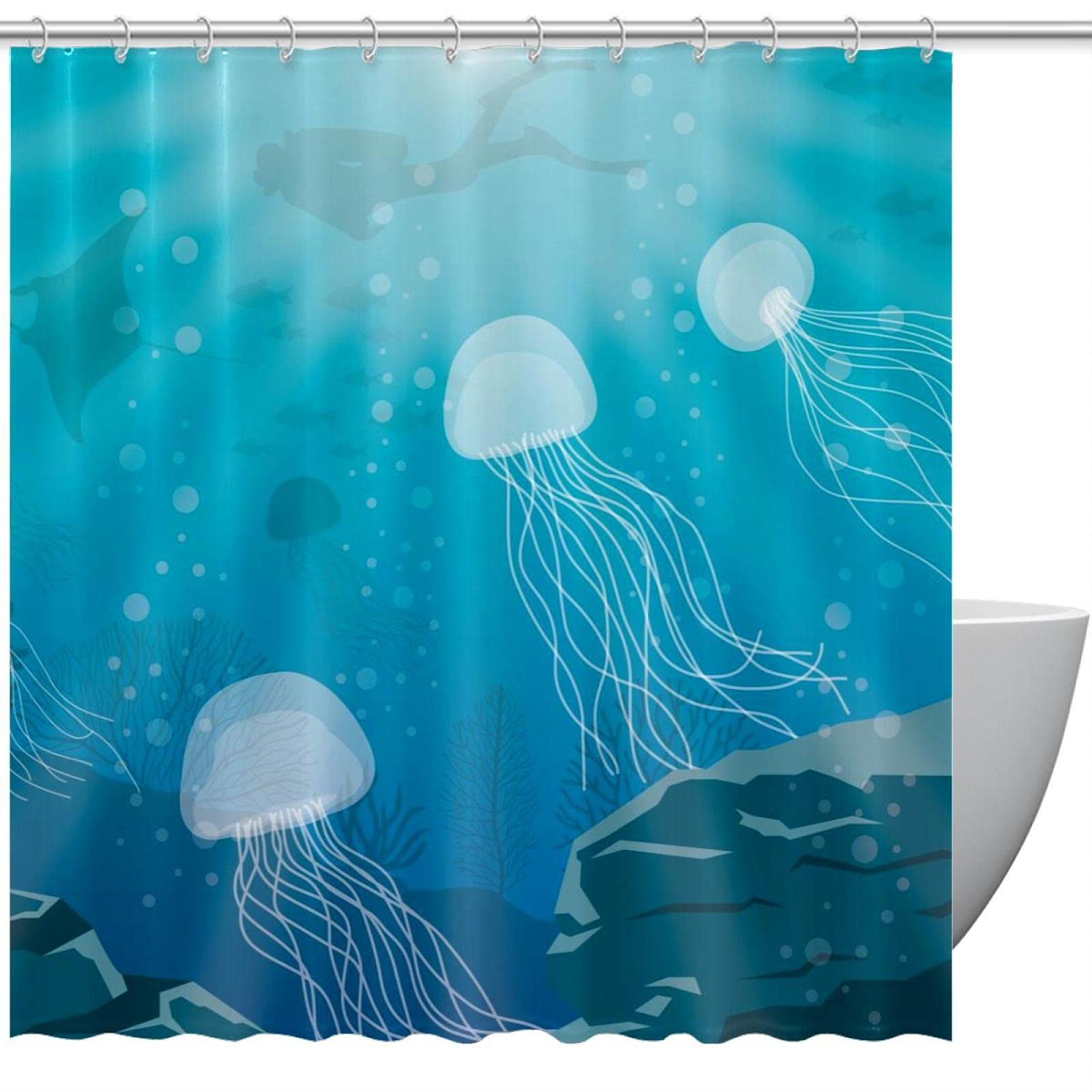 Rideau de douche bleu avec crochets et motif méduses pour salle de bain