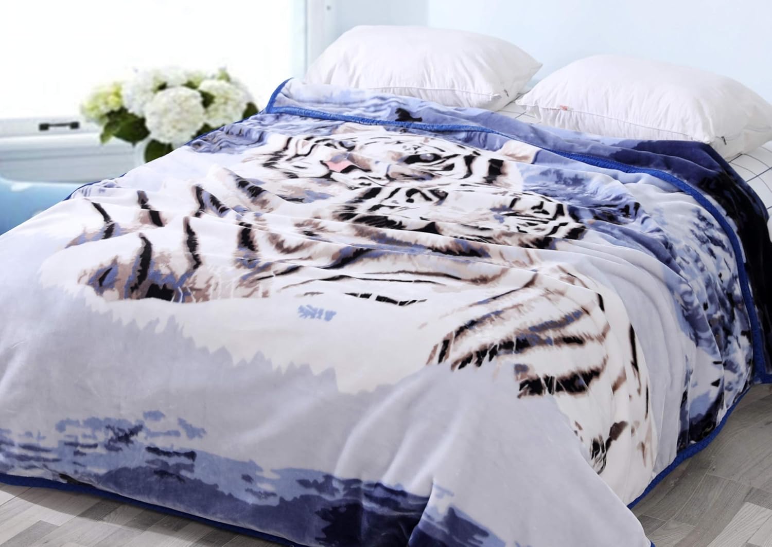 7.8lb Heavy Queen Size White Tiger Blanket – 2ply Thick Warm Plush Korean Mink Fleece, No-Lint Microfiber San Marcos Design Raschel Winter Bed Blanket – Cozy Mexican Throw Blankets for Adults, 79”x95”
