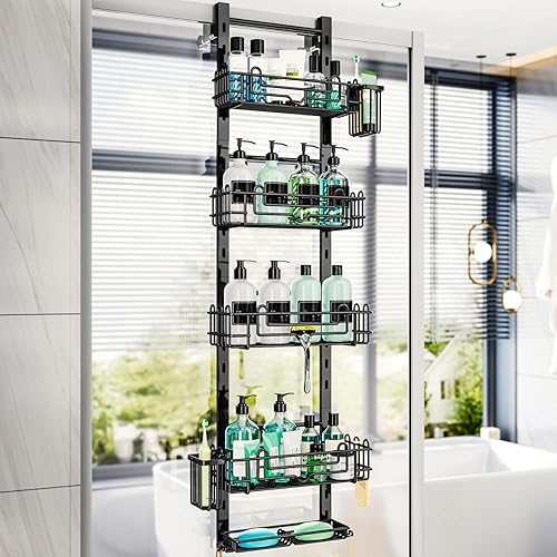 Miniatura 9 de HapiRm Organizador de ducha de 4 niveles sobre la puerta, organizador de ducha colgante con 22 ganchos y 2 soportes para cepillos de dientes,
