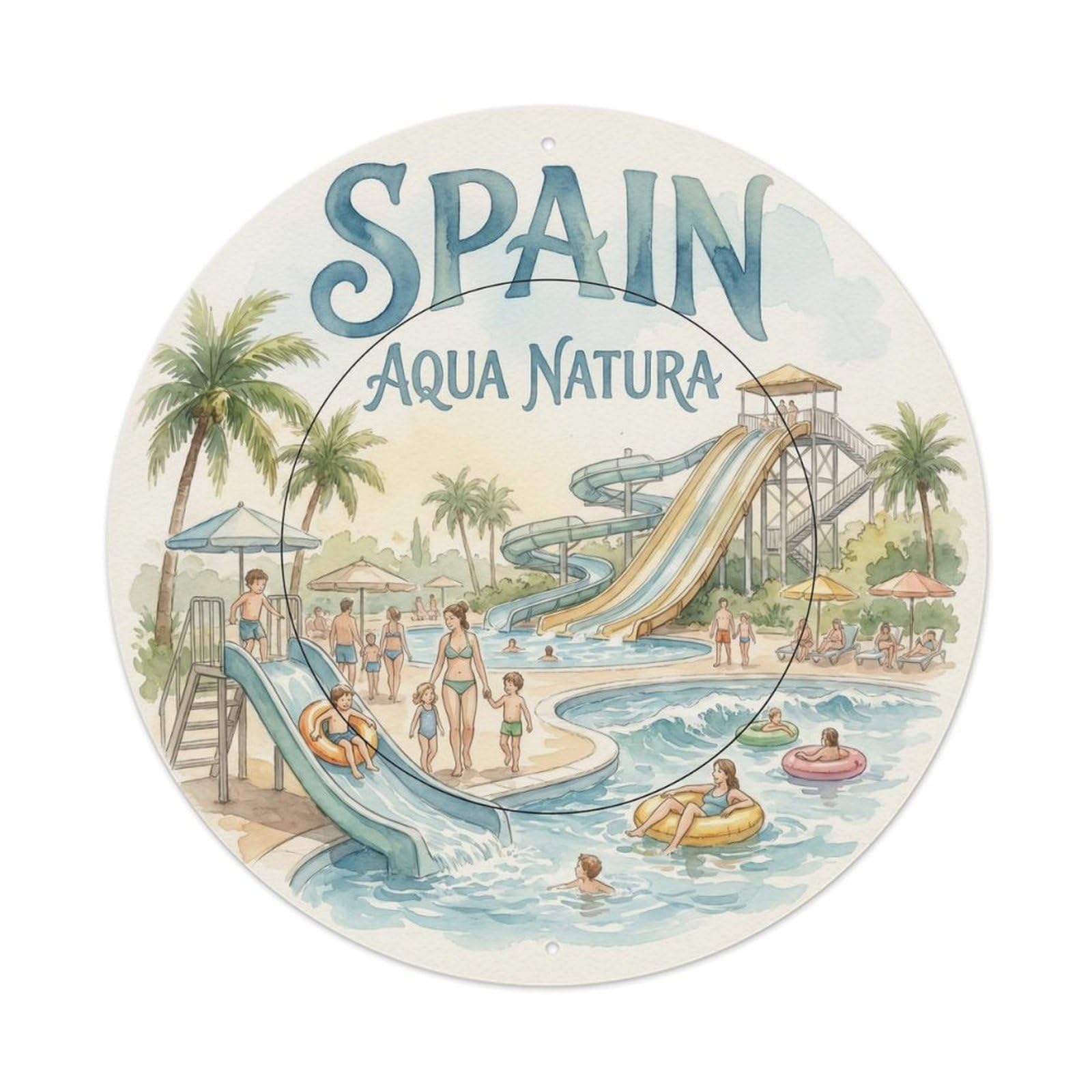 Benidorm Water Park Spain Watercolor Heritage Metal Tin Sign