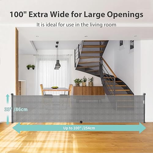 Miniatura 3 de Puerta retráctil para bebé, extra ancha de 100 pulgadas, operación de un lado, puerta de malla extra larga para aberturas grandes con bloqueo