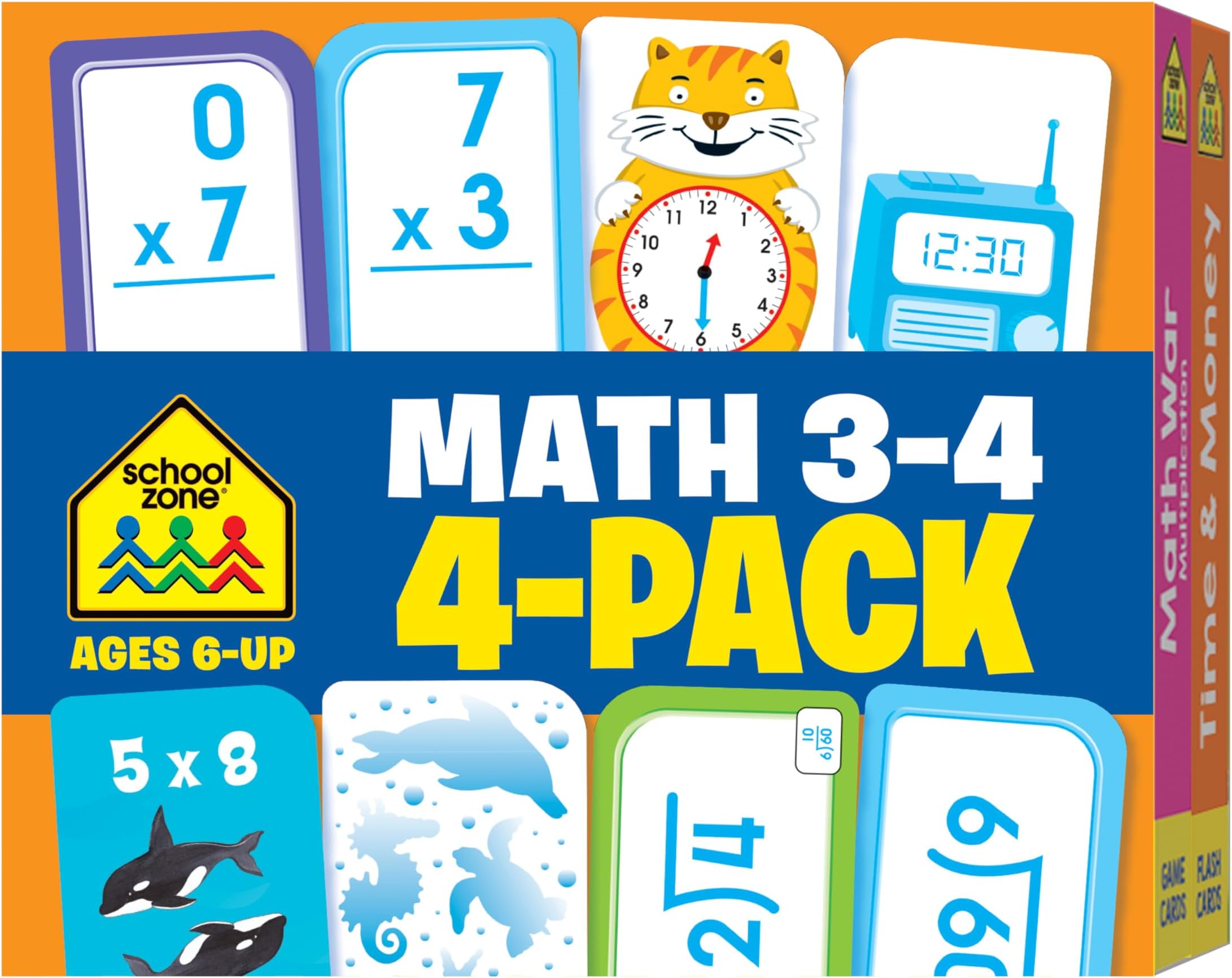 School Zone - Math 3-4 Flash Cards 4 Pack - Ages 6 and Up, 3rd Grade, 4th Grade, Multiplication, Division, Time and Money, and More (Flash Card 4-pk)