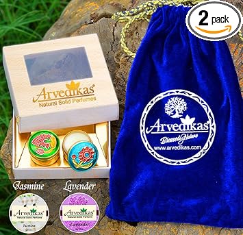Arvedikas Natural Lavender & Jasmine Solid Perfumes For Women/Girls/Long Lasting Floral Scent/Pocket Size/Travel/Compact Colognes in Royal Brass Boxes/Unique Gift Pack of 2 Solid Perfumes
