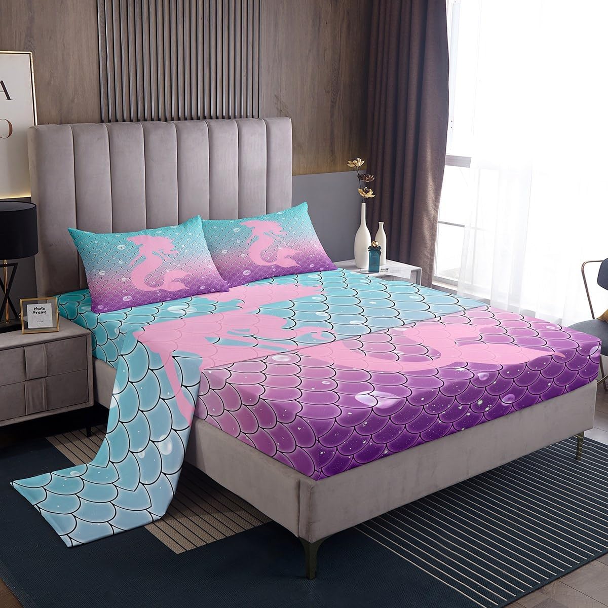 jejeloiu Mermaid Fitted Sheet Twin Size Princess Decor Bedding Set for Girls Teens Green Purple Bed Sheets Set Breathable Soft Lightweight Microfiber