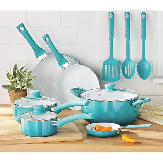 Ceramic Nonstick 12 Piece Cookware Set,Teal Ombre Pots and pans set Kitchen cookware sets Cast iron pan Cookware sets Pots and pans Nonstick pan Cast iron skillets,Blue,4378695