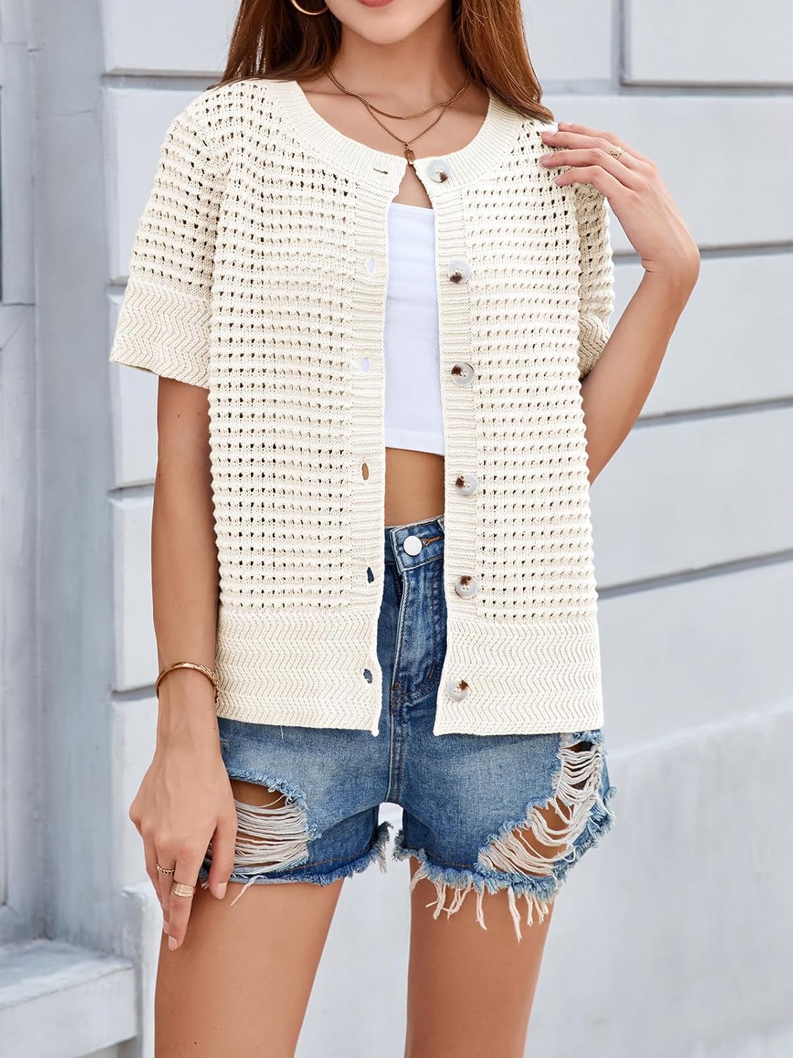Saodimallsu Womens Crochet Short Sleeve Cardigans Button Up Crew Neck Summer Beach Knit Sweater Tops - Image 3