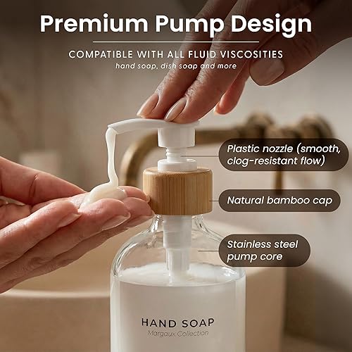 Miniatura 5 de MaisoNovo Glass Hand Soap Dispenser | Dish Soap Dispenser for Kitchen | 16.9oz Clear Bottles with White Bamboo Pump | Bathroom Lotion Dispenser