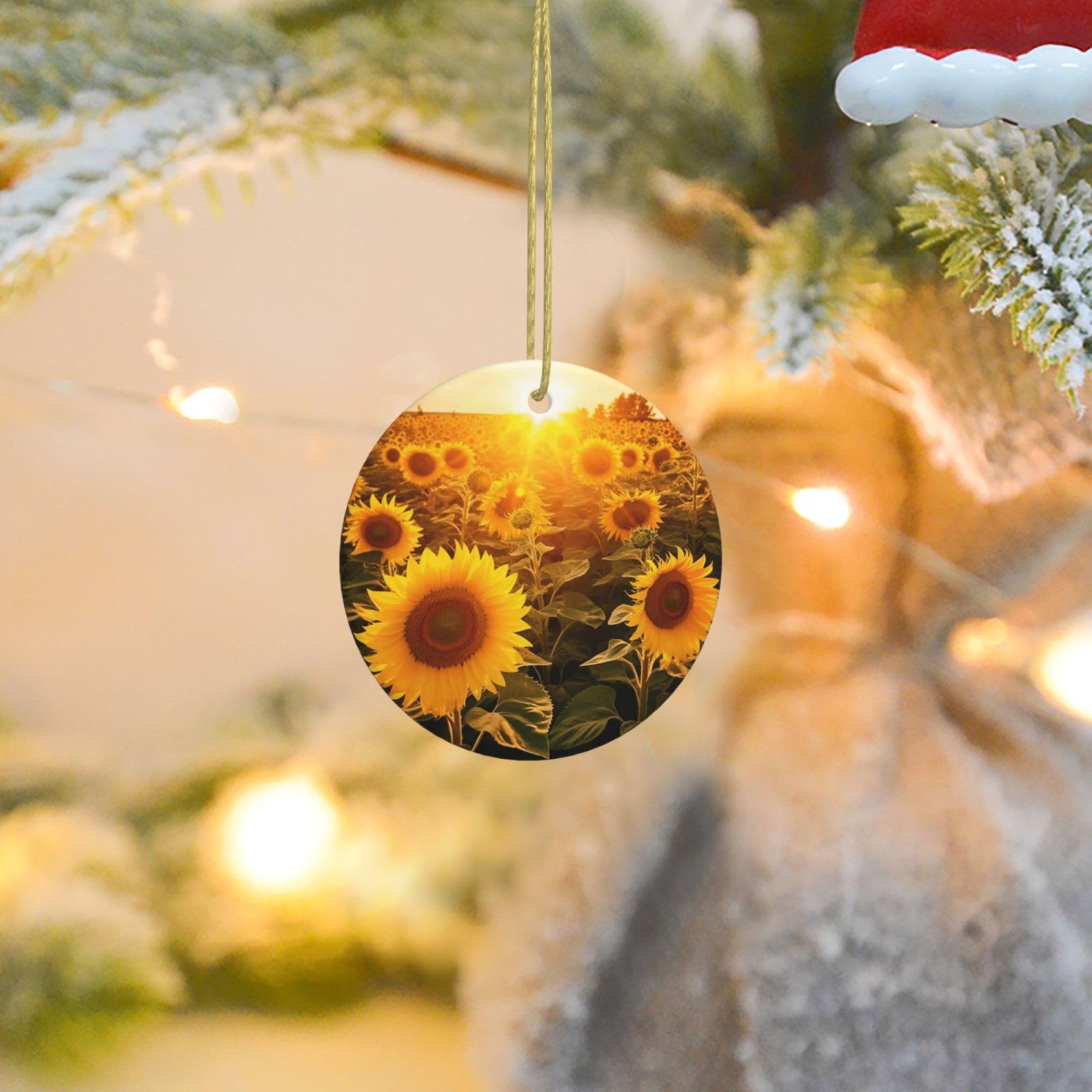 Christmas Ornaments for Christmas Tree Decoration Ceramic Hanging Sunshine Sunflower Field Ornament with Gold Ribbon Crafts Round Pendant for Keepsake Gifts Glass Xmas Decor Party Supplies