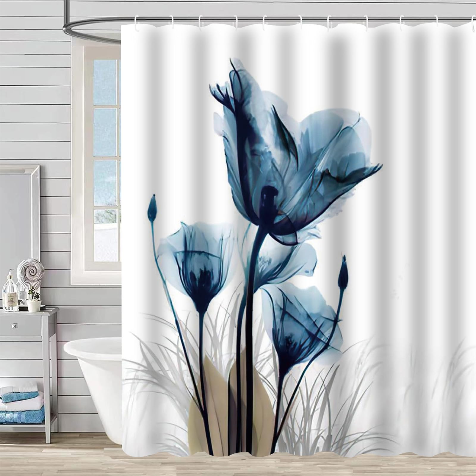 FAIRYGATE Garden Shower Curtain Blue Watercolor Floral Wildflower Plants Bathroom Curtains 180 x 180 cm Waterproof Mildew & Mould Resistant Polyester Fabric Bath Curtain with 12 Hooks B8209