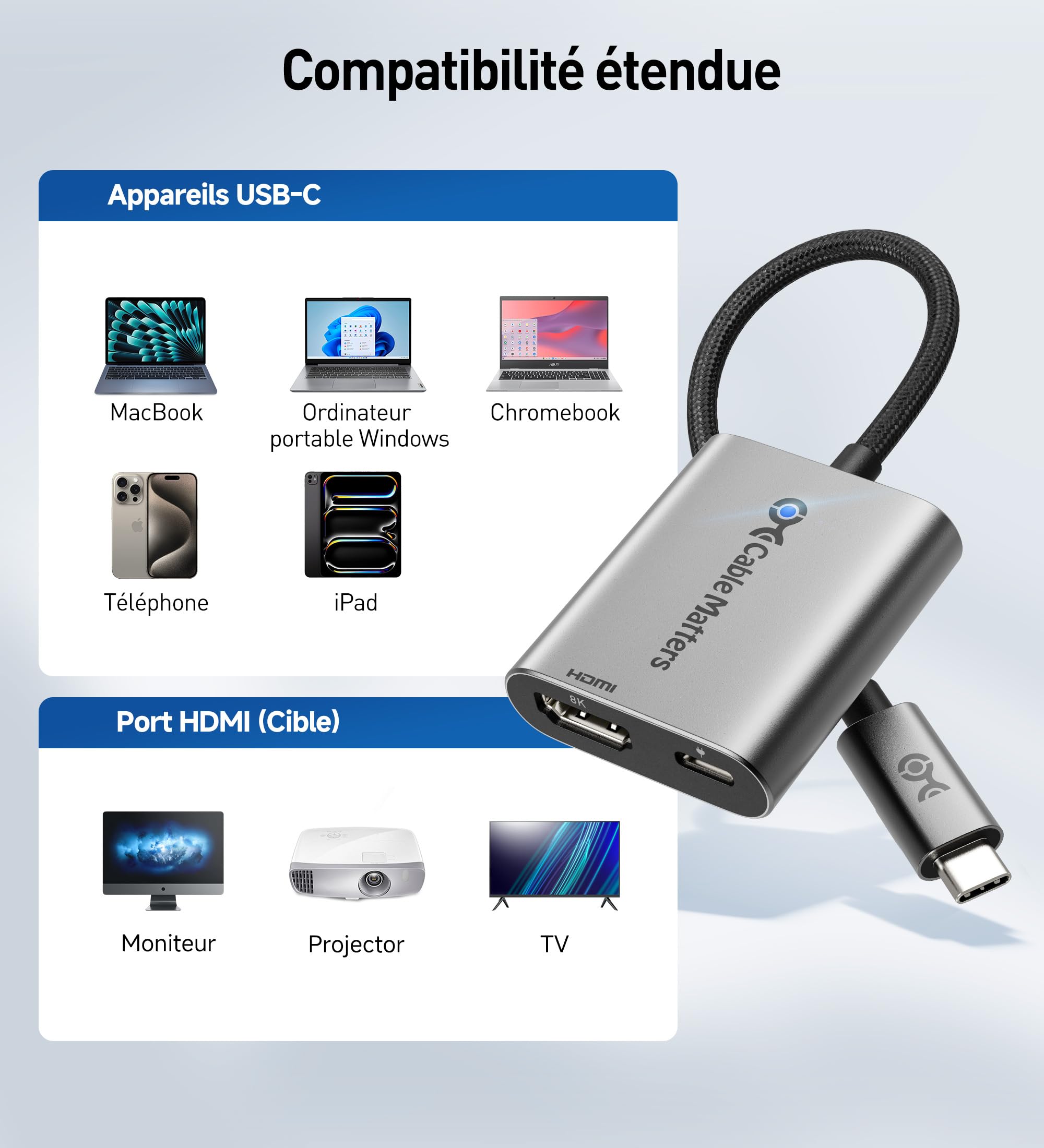 Cable Matters Adaptateur USB-C vers HDMI 2.1, 48Gbit/s avec Charge de 140W