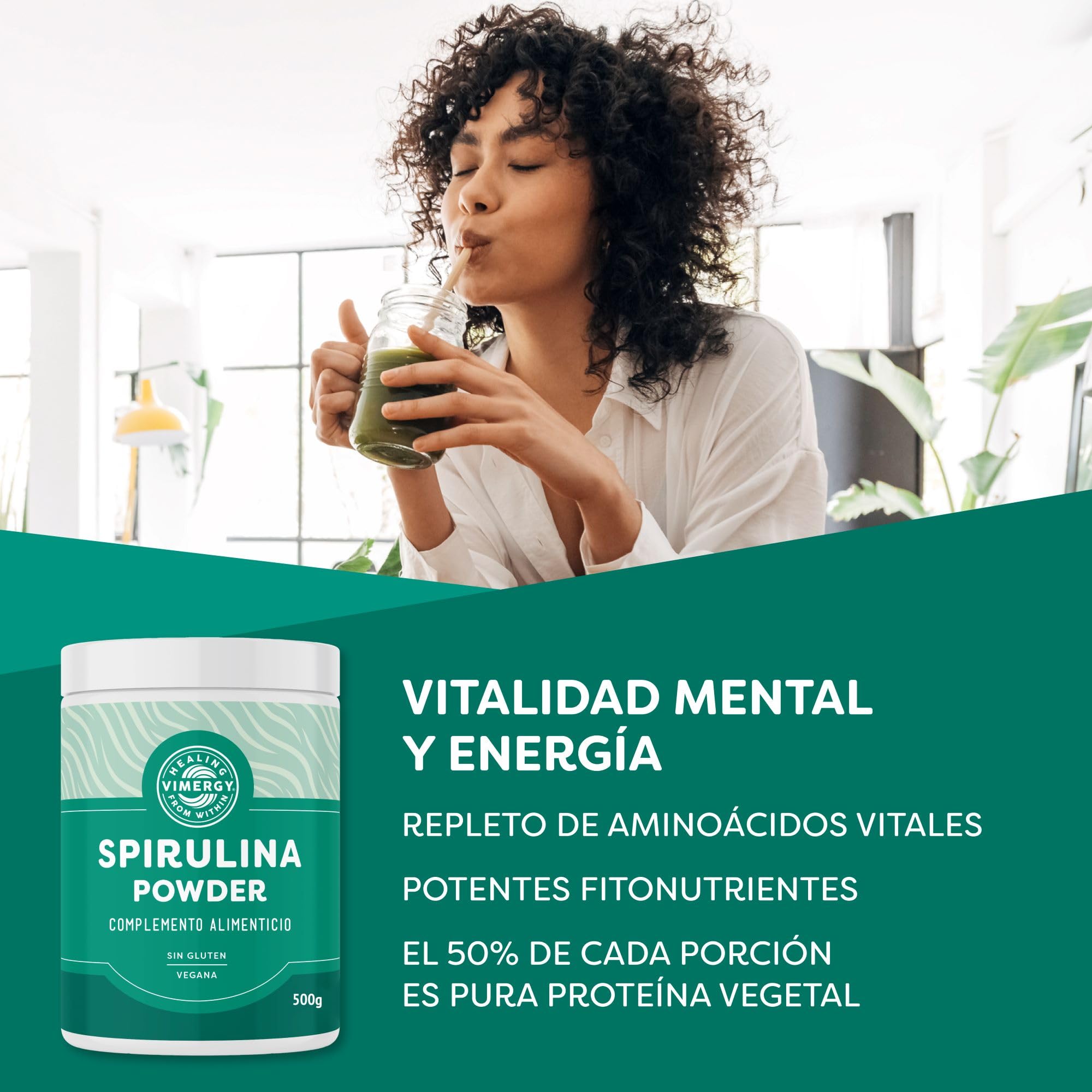 Vimergy Spirulina Powder – 500 g, 166 Dosis – Espirulina en Polvo de Fácil Digestión y Rápida Absorción – Suplemento Vegano - Formulado sin Antiaglomerantes, Rellenos ni Colorantes – Sin OMG ni Gluten