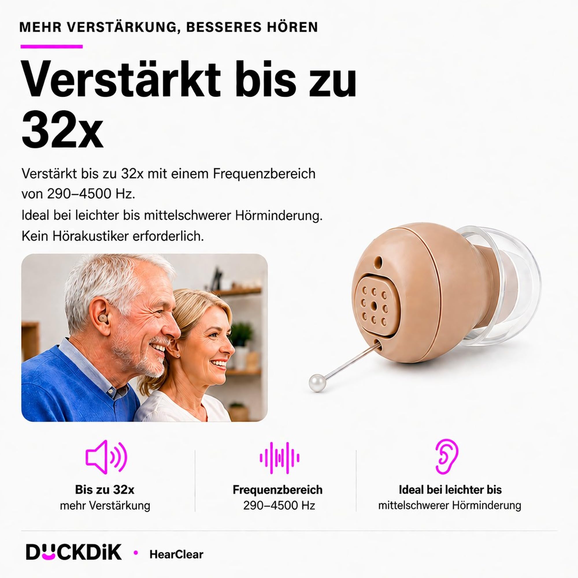 HearClear Hörverstärker | Unsichtbares Mini In-Ear Design Wiederaufladbar | Bis zu 32x Verstärkung | 14h Akku | Für Gespräche und TV | 3 Größen S/M/L