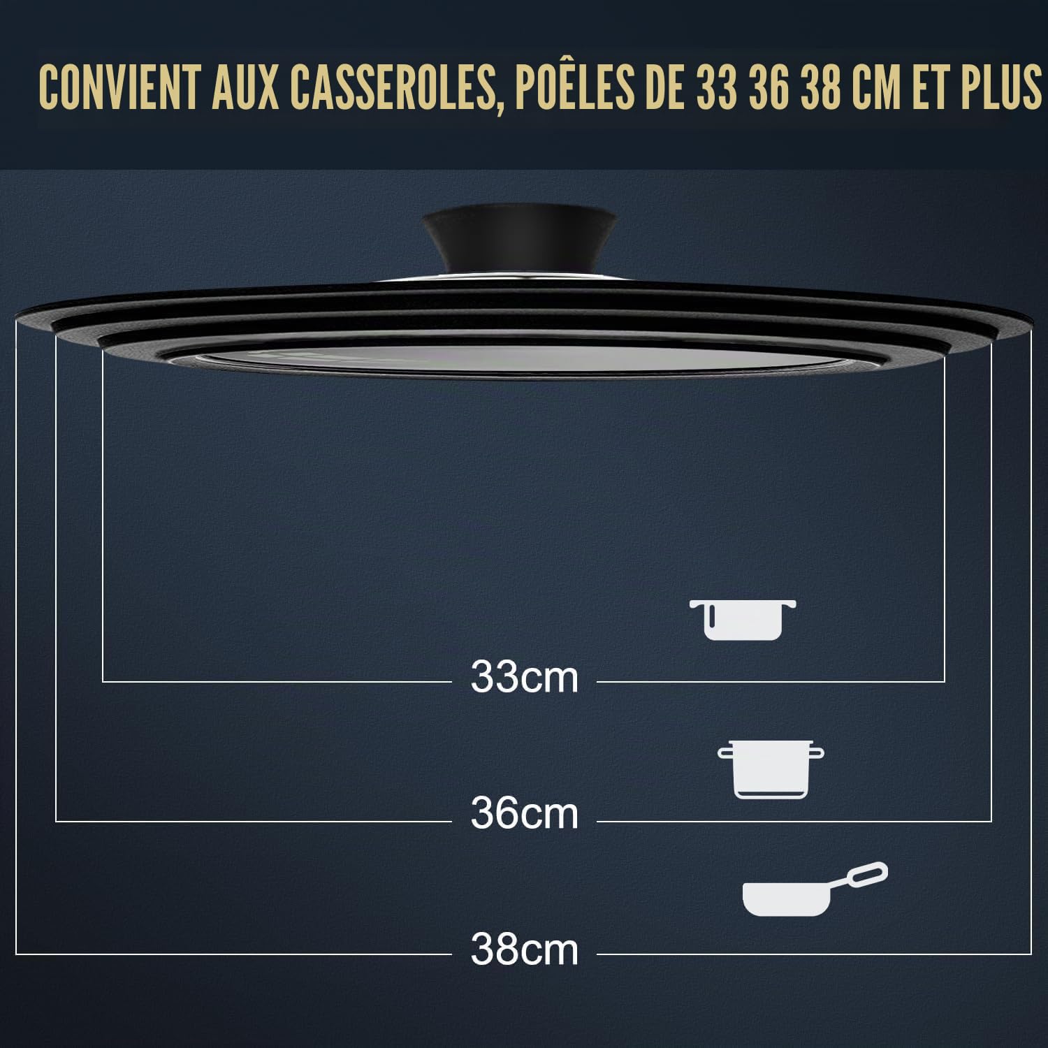 Walfos Couvercle universel pour casseroles, poêles et poêles – Convient aux ustensiles de cuisine de 33 cm, 36 cm et 38 cm de diamètre – Couvercle en verre avec bord en silicone résistant à la chaleur
