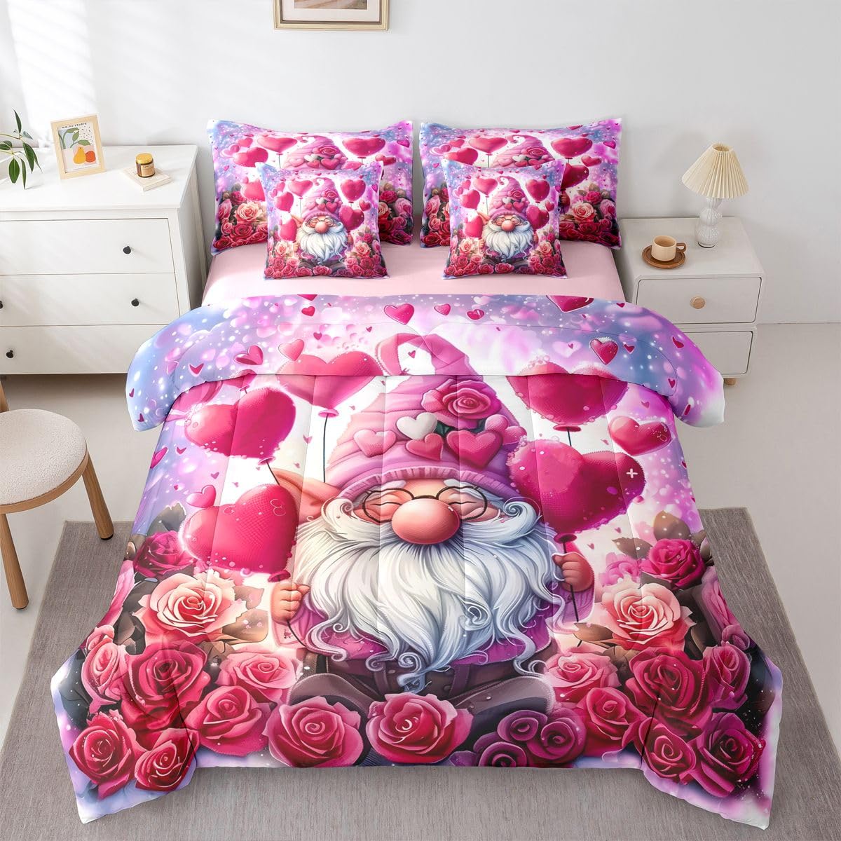 Castle Fairy Cute Valentine Gnome Comforter Set Twin Size 7 Pcs,Romantic Rose French Style Bedding Set for Woman Girls Teens,Pink Hearts Balloon Bed in a Bag with Comforter,Sheets and Pillow Cases