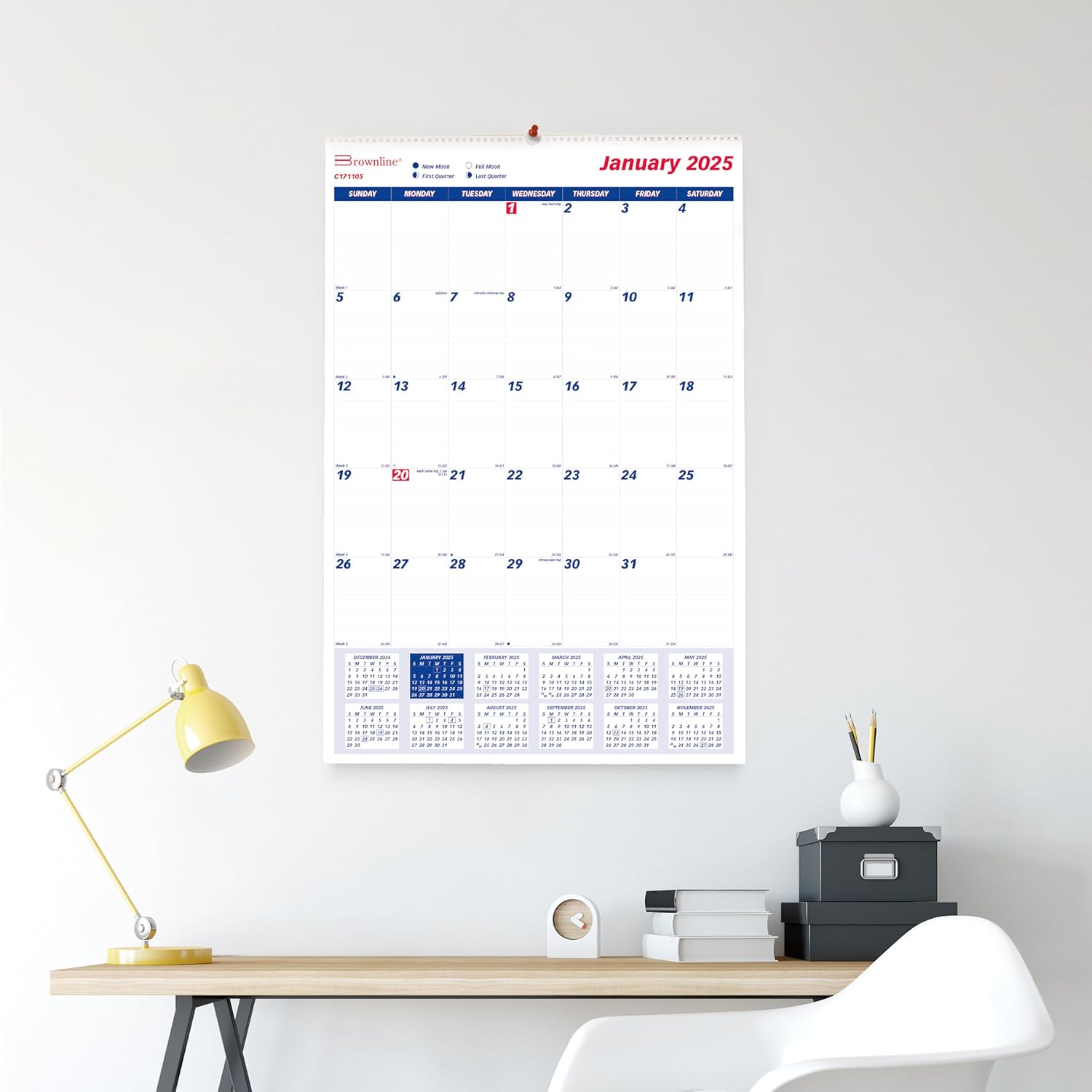 Brownline® 2025 Monthly Wall Calendar, 12 Months, January to December, Twin-Wire Binding, 20" x 30" (C171105-25)
