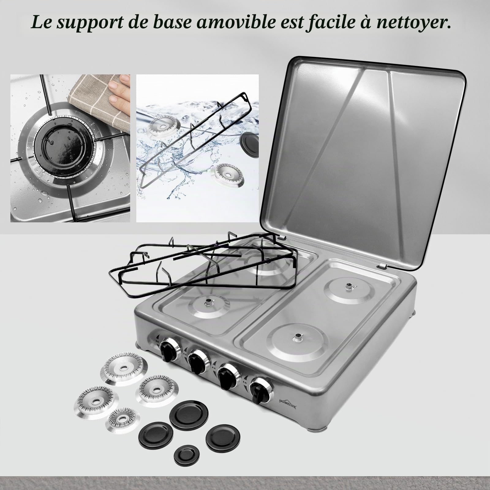 HOMELUX Réchaud à gaz de 6,2 kW, gris, 4 brûleurs de camping avec couvercle, | Avec tuyau de gaz de 150 cm et réducteur de pression 50 mbar, plaque de cuisson, cuisinière à gaz d'extérieur