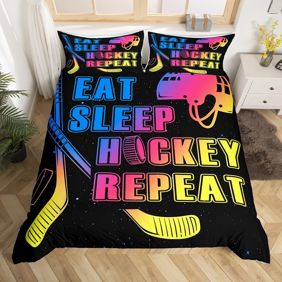 Castle Fairy Ice Hockey Duvet Cover King,Kids Sport Hockey Sticks Helmets 3 Pieces Duvet Cover,Rainbow Colorful Gradient Comforter Cover (Not Comforter),Glitter Starry Sky Quilt Cover