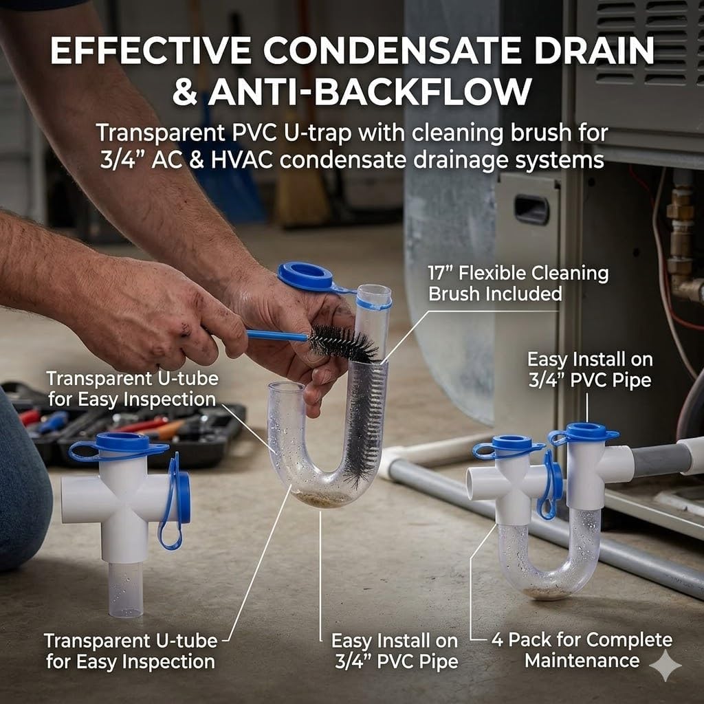 3/4" Standard Condensate Trap with 17" Cleaning Brush PVC Transparent U Trap for HVAC Systems, Air Conditioner, Effectively Drains Condensate (10PCS)