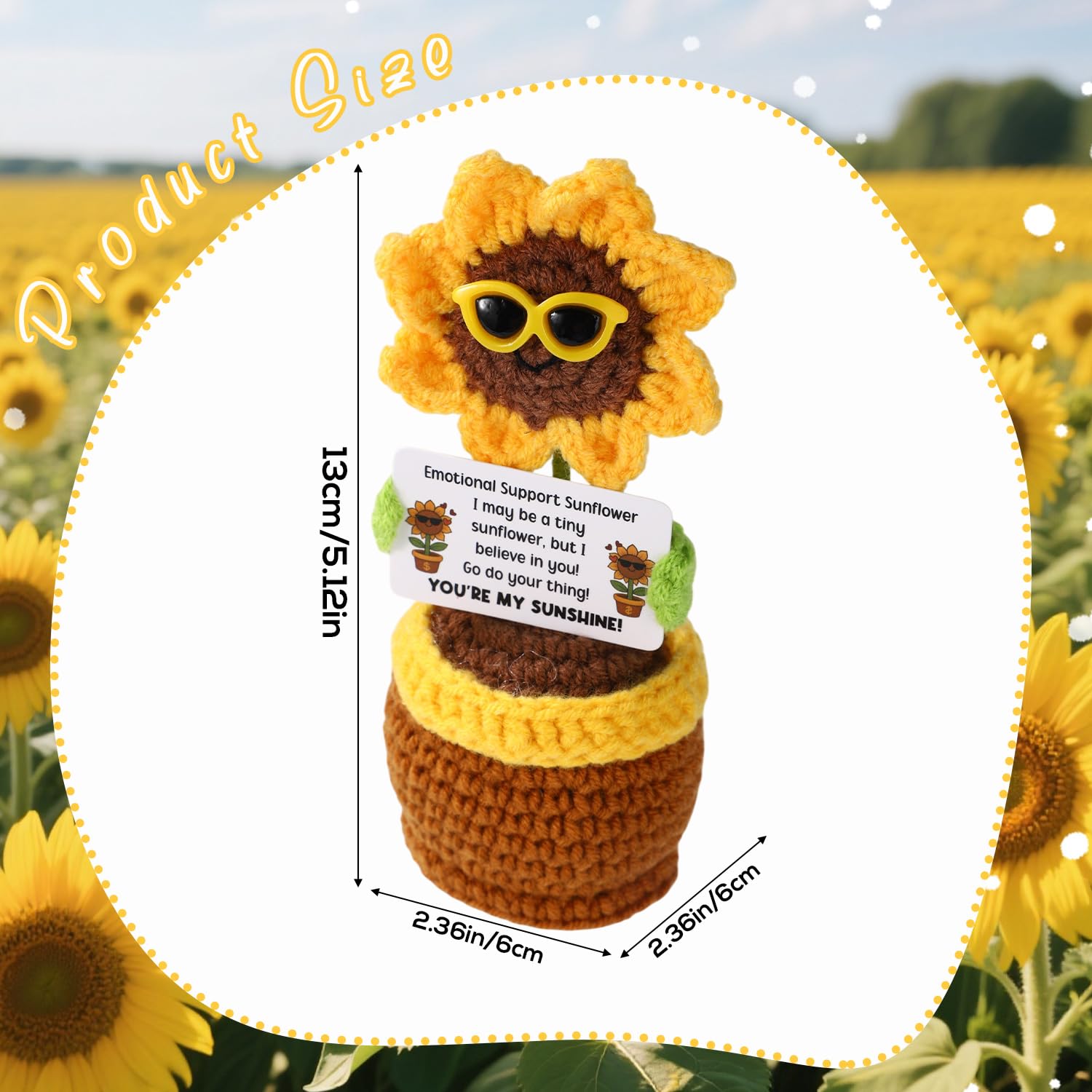 Positive Knitted Sunflower, Handmade Positive Doll Crochet Cute Crochet Sunflower Toy with Sunglasses & Card - Image 2