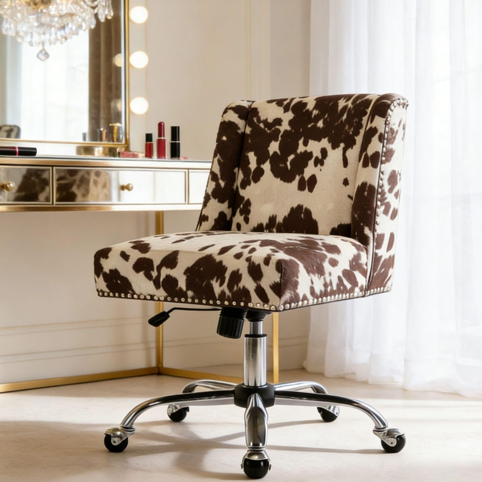 DM Furniture Cow Print Home Office Chair Swivel Fabric Adjustable Computer Desk Chair Armless Upholstered Accent Chair for Living Room Bedroom,