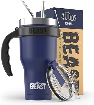 BEAST 40 oz Royal Blue Tumbler Set with Handle - Stainless Steel Coffee Cup + 2 Straws Brush, Gift Box & Black Handle