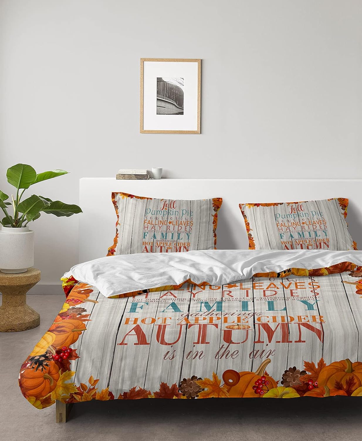🛒 Crazy Deals Autumn Harvest Quotes on Wood Grain Duvet Cover Sets 4 Piece Queen Ultra Soft Bed Quilt Cover Set for Kids/Teens/Women/Men Fall Pumpkin Bedding Collection All Season Use