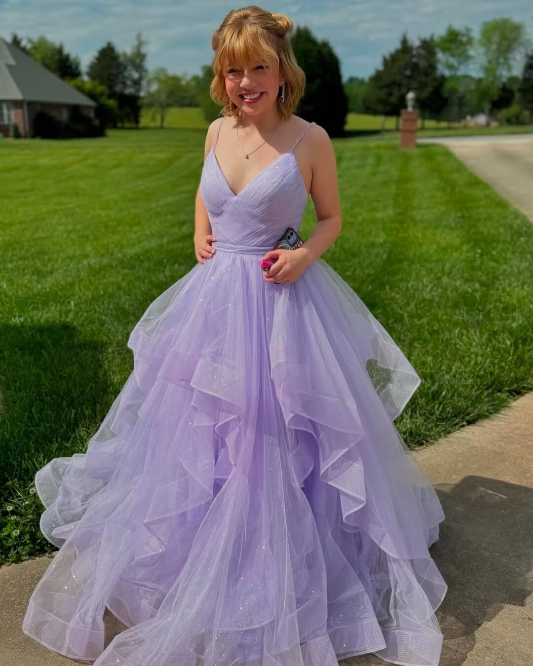 Glitter Tulle Prom Dresses for Women Tiered Ruffle Ball Gowns Spaghetti Straps V Neck Formal Evening Party Dress