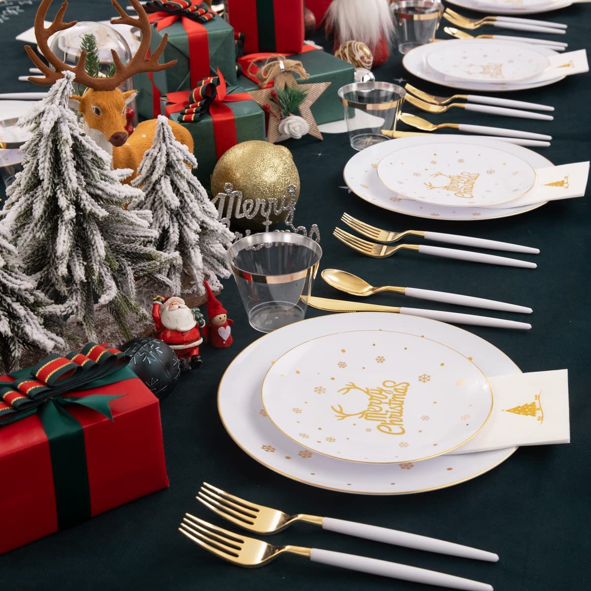 KAHEIGN 175 Pièces Réutilisable Vaisselle de Noël en Plastique Blanc Bordée D'or - 25 Assiettes Plates, 25 Assiettes Salade, 25 Couteaux, 25 Fourchettes, 25 Cuillères, 25 Serviettes pour 25 Invités