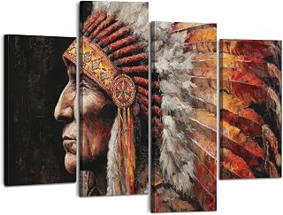Weone Artwork 4 Panel Canvas Wall Art Native American Indian Chiefs Headdress Retro Feathers Profile Stretched & Framed Art Prints Modern Painting Wall Decoration Ready to Hang Unique Designed