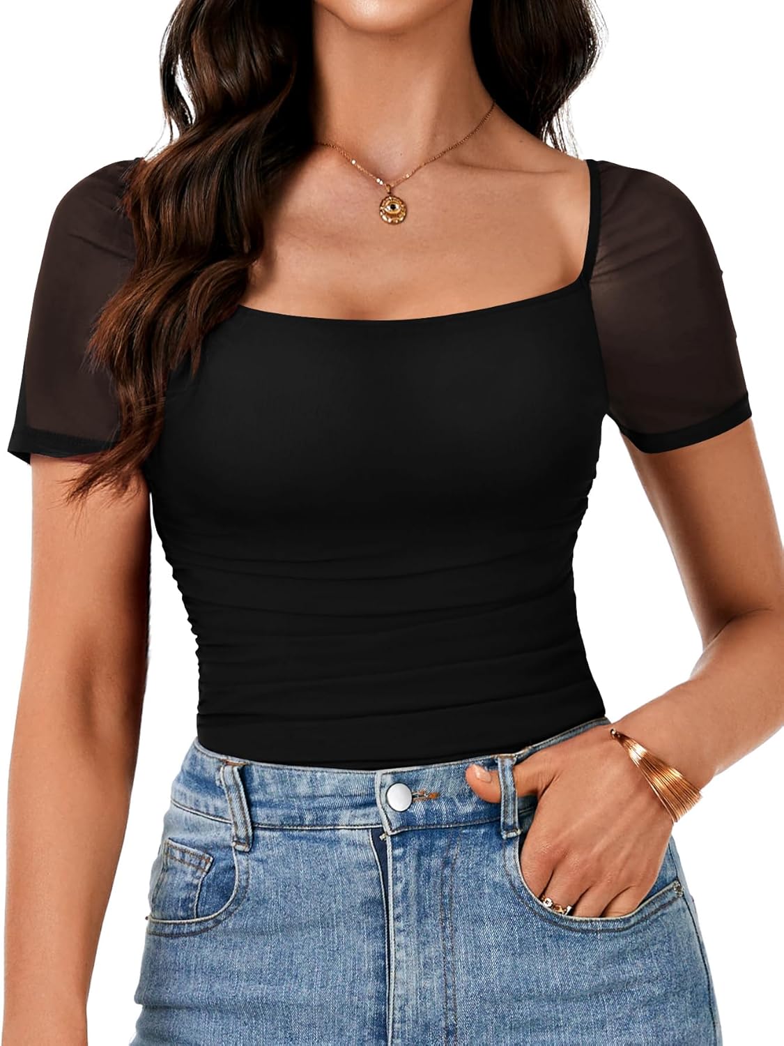 LYANER Women's Square Neck Ruched Sheer Mesh Short Sleeve Tee Shirt Top Black Large